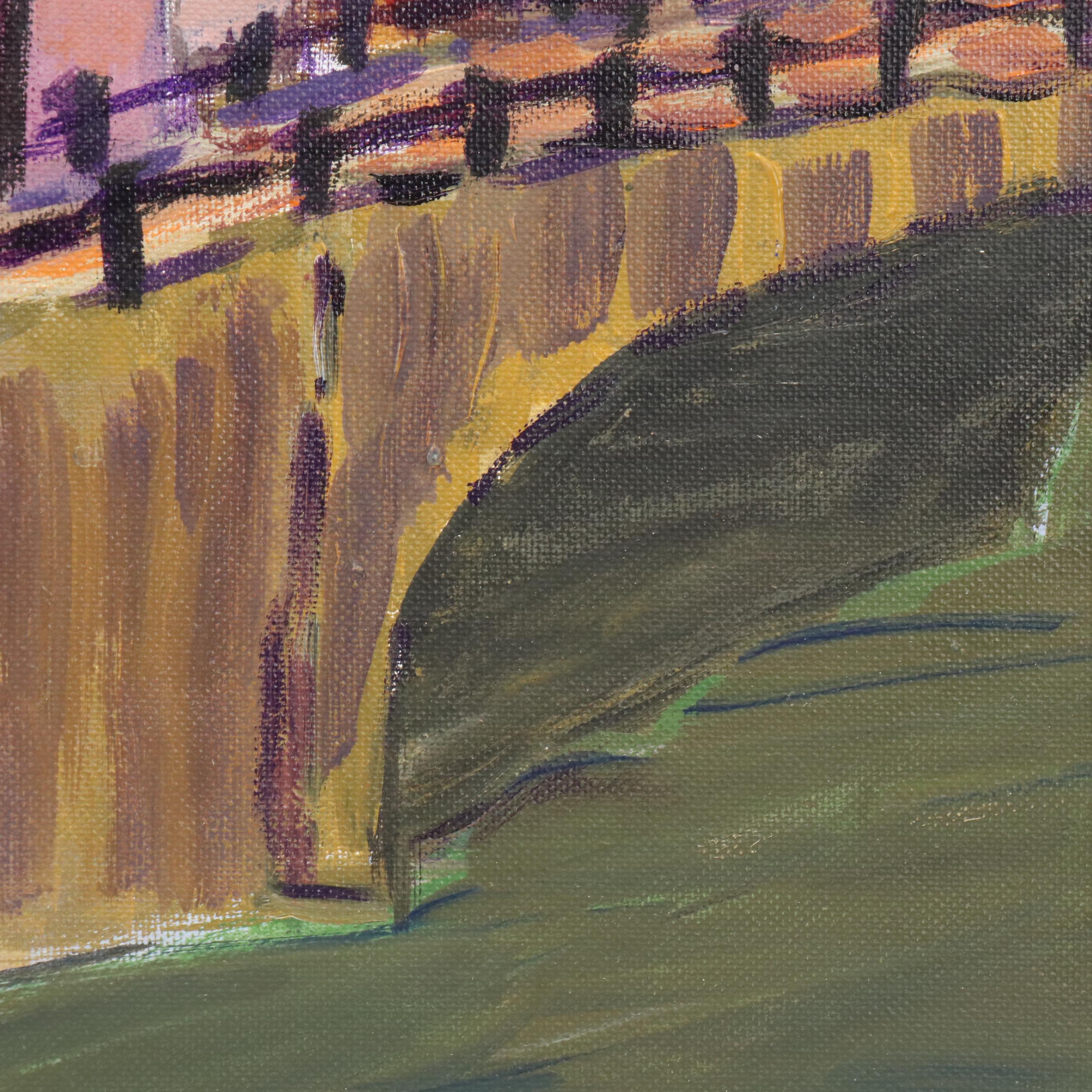 Janice Guttman Modernist Cityscape Acrylic Painting "View from Canal," 1990