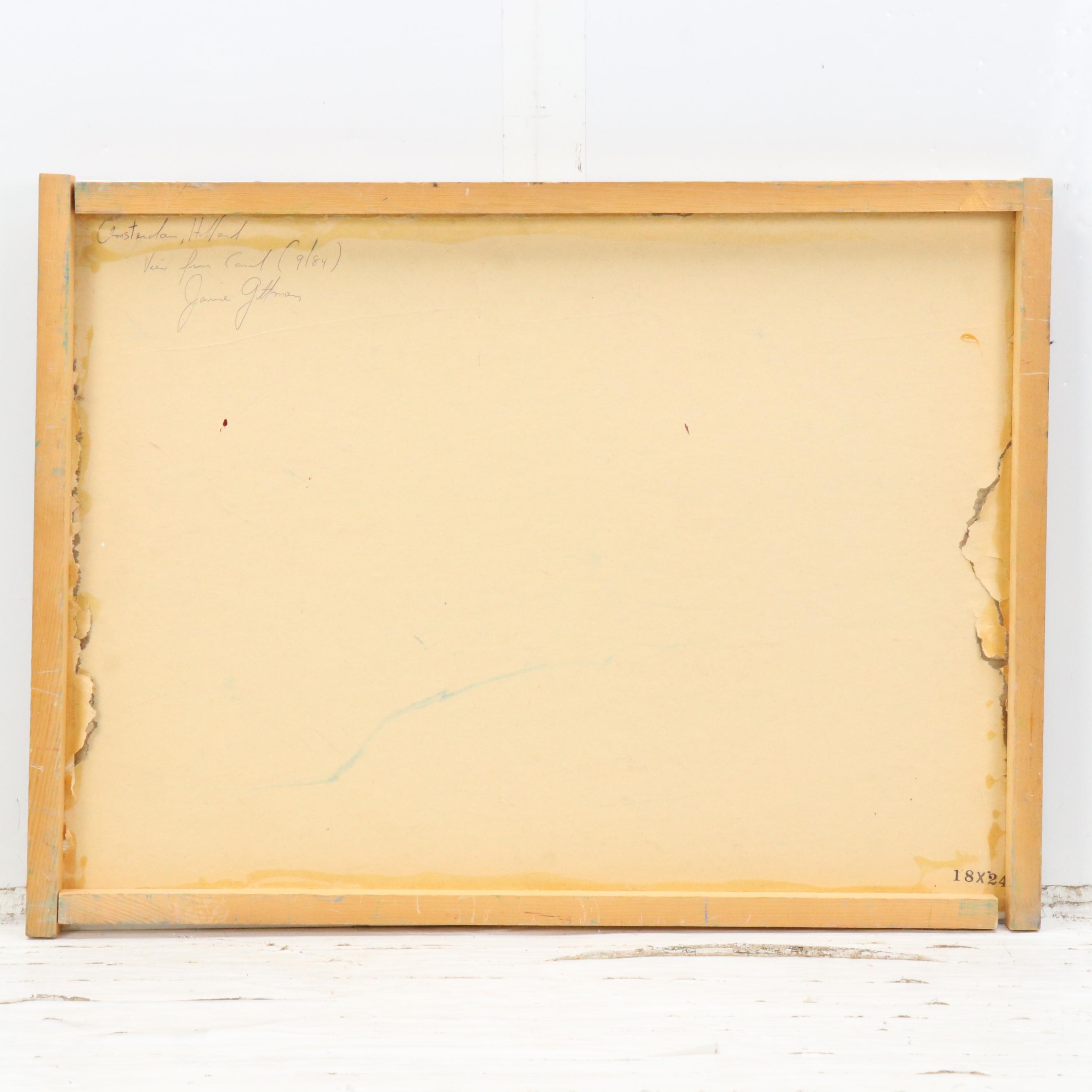 Janice Guttman Modernist Cityscape Acrylic Painting "View from Canal," 1990