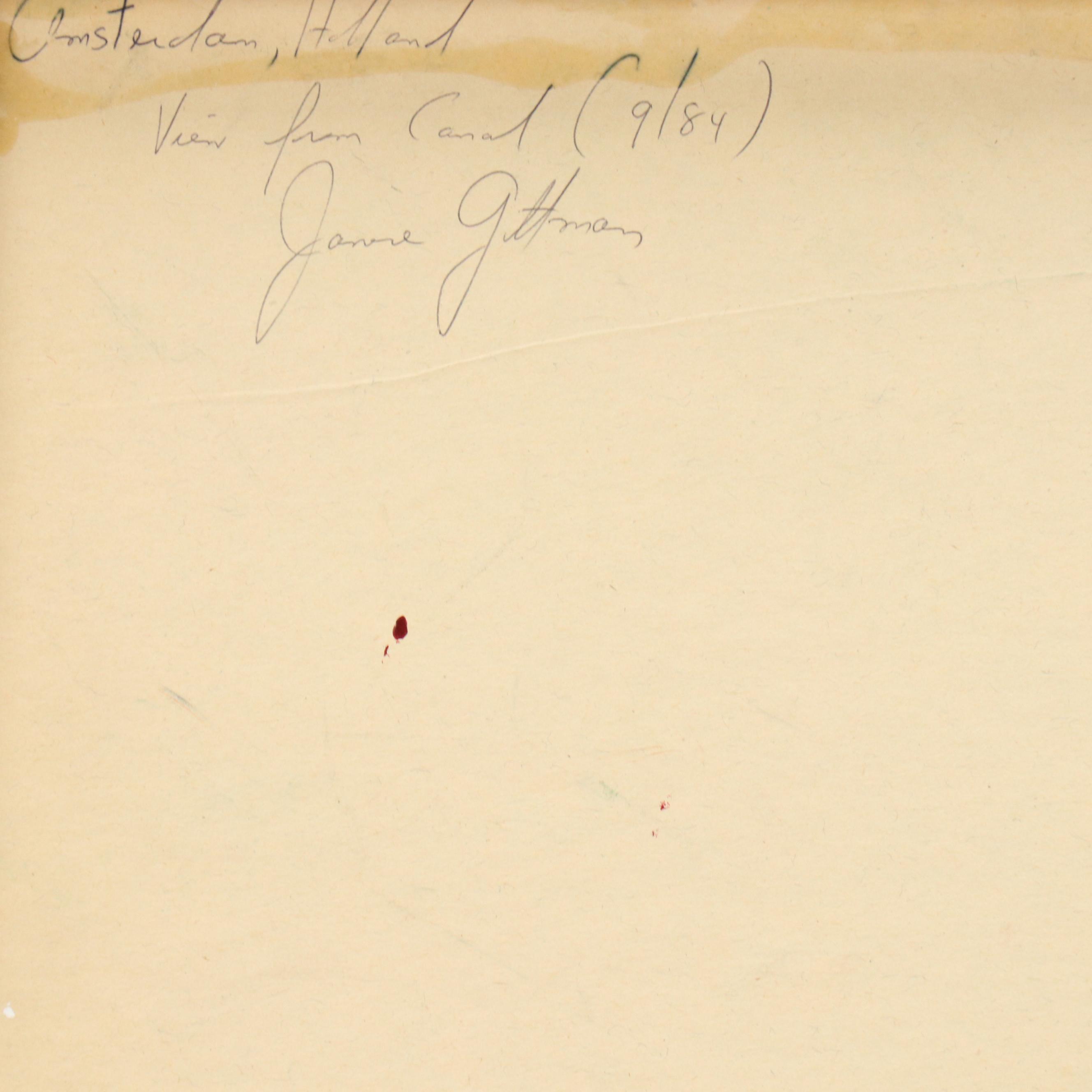 Janice Guttman Modernist Cityscape Acrylic Painting "View from Canal," 1990