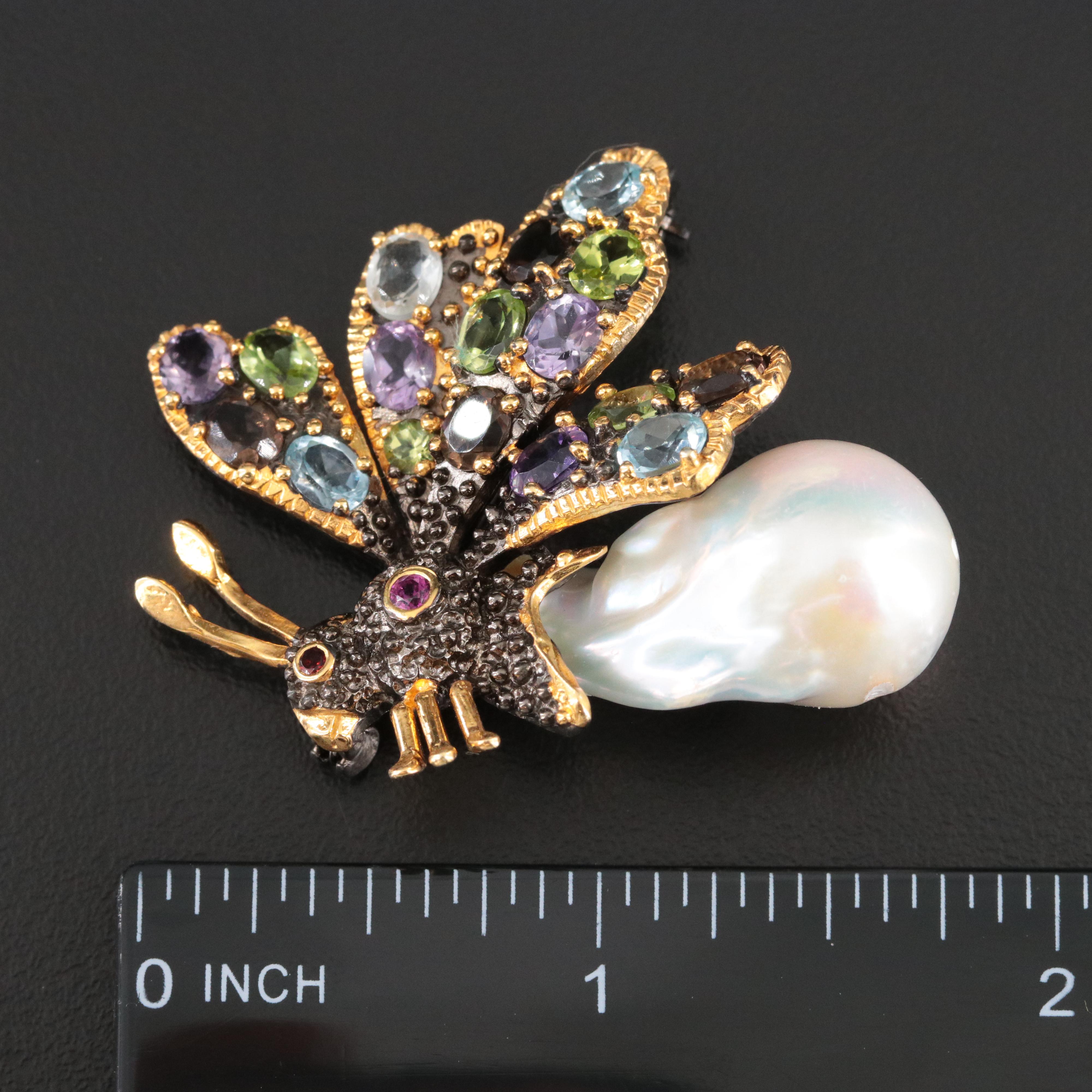 Baroque Style Sterling Pearl, Amethyst and Peridot Firefly Brooch