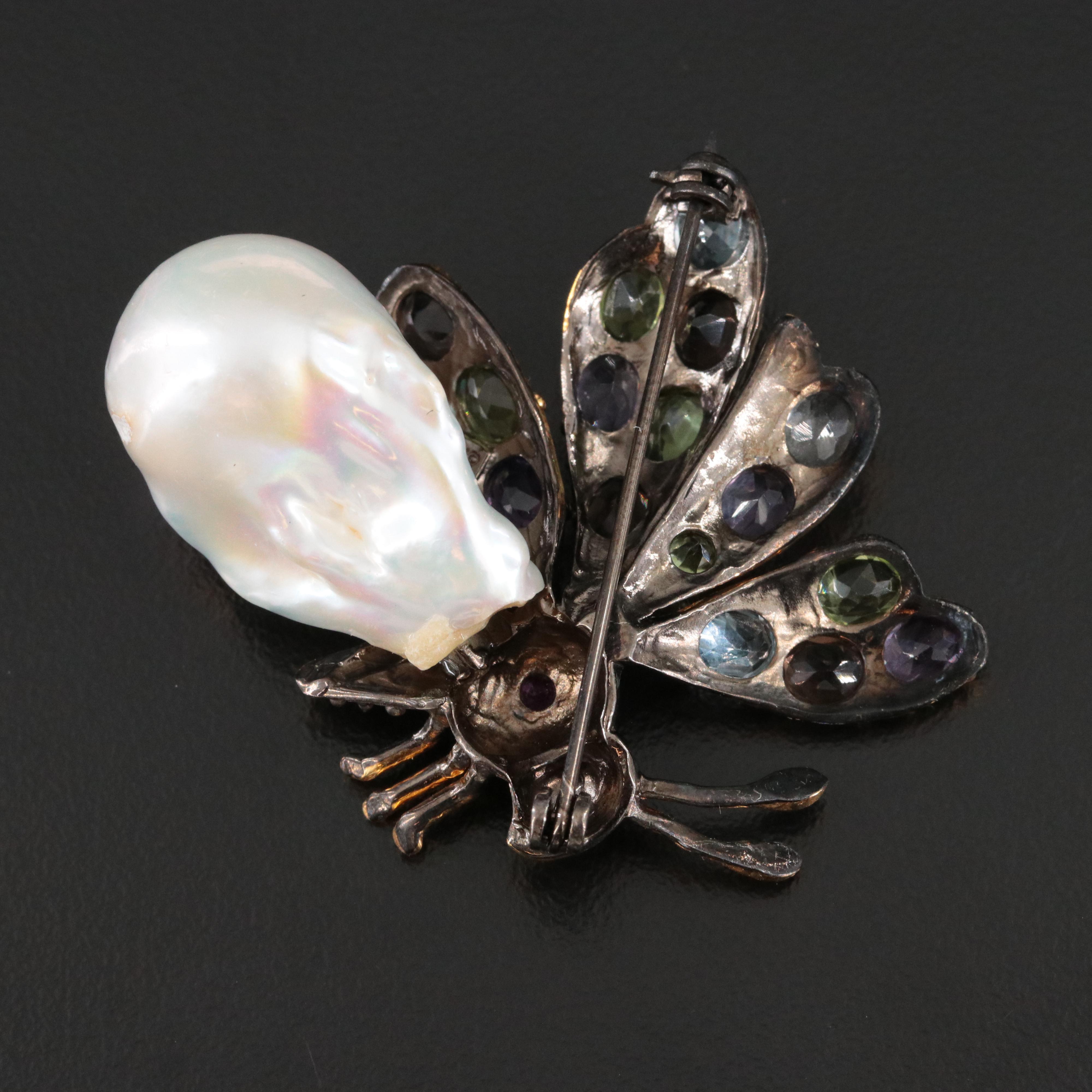 Baroque Style Sterling Pearl, Amethyst and Peridot Firefly Brooch