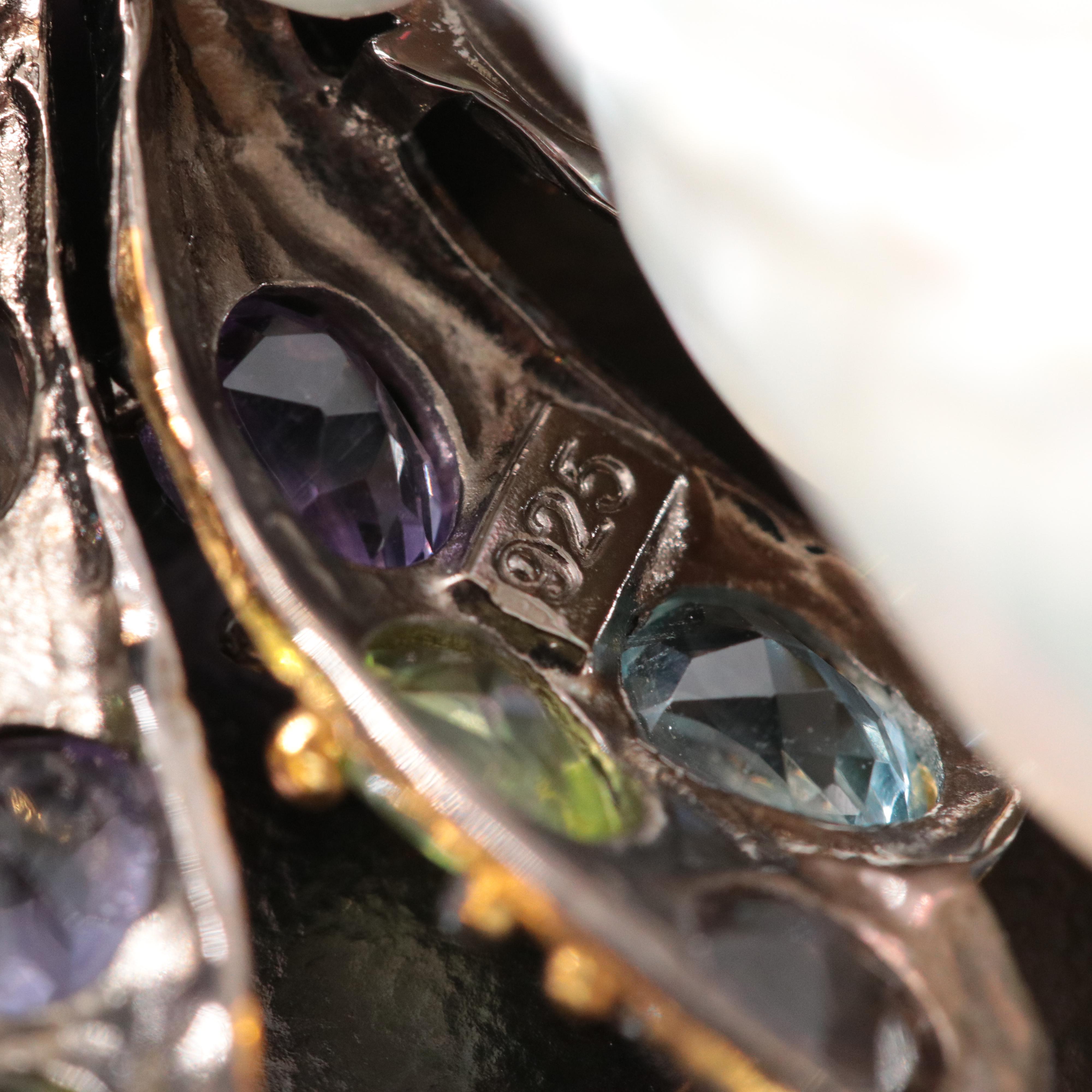 Baroque Style Sterling Pearl, Amethyst and Peridot Firefly Brooch