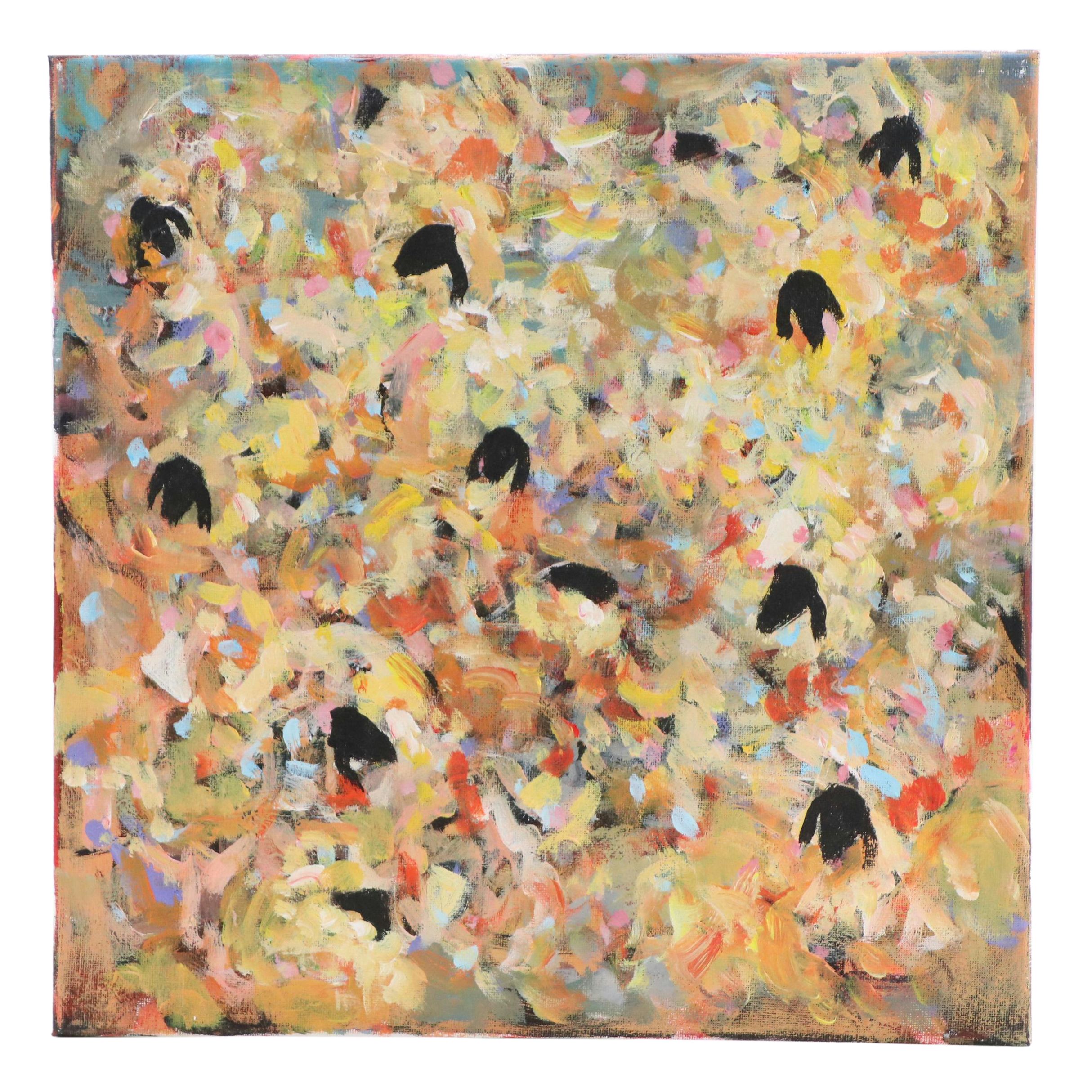 Elle Raines Stylized Acrylic Painting "Flock of Sheep #8," 21st Century