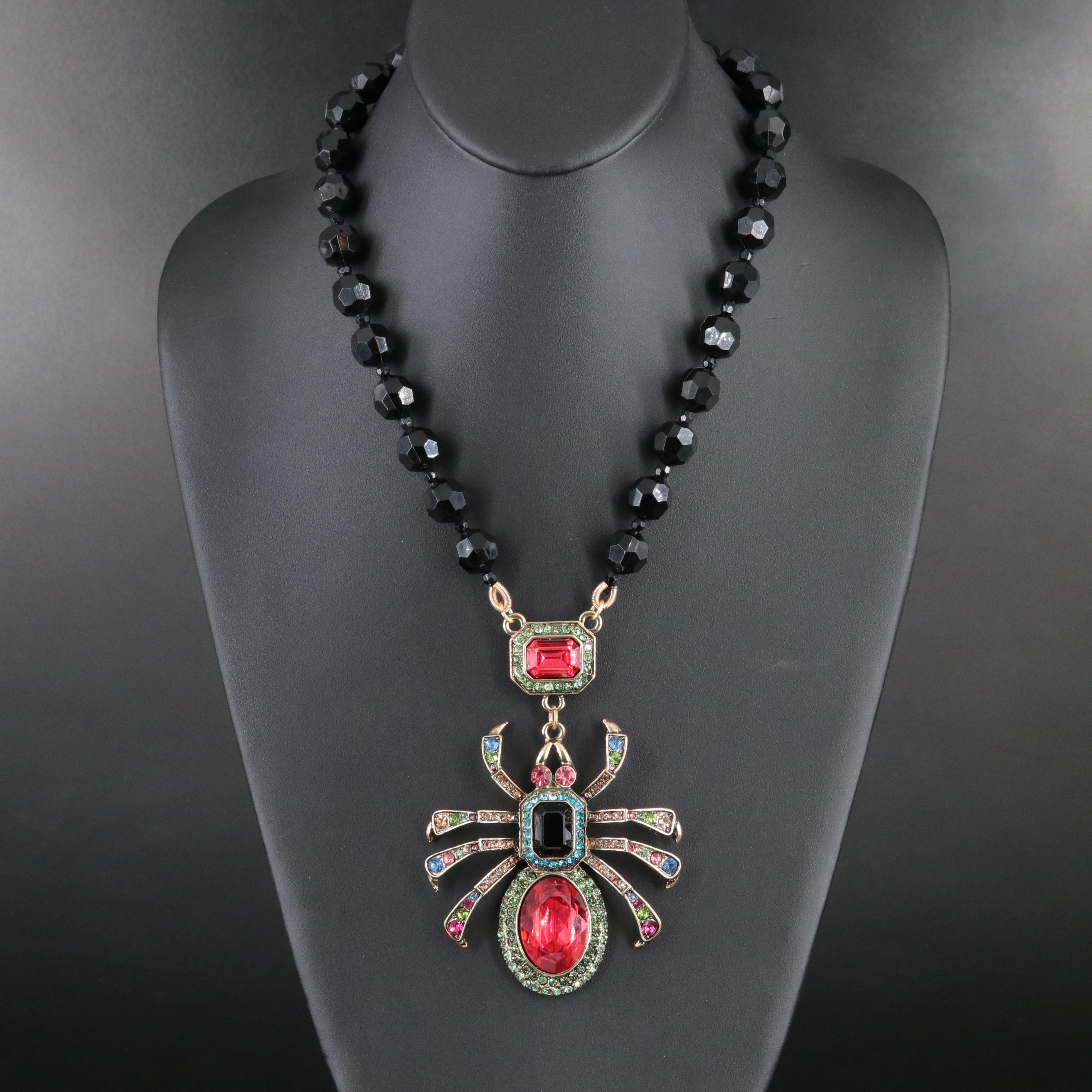 Rhinestone and Glass Spider Pendant Necklace