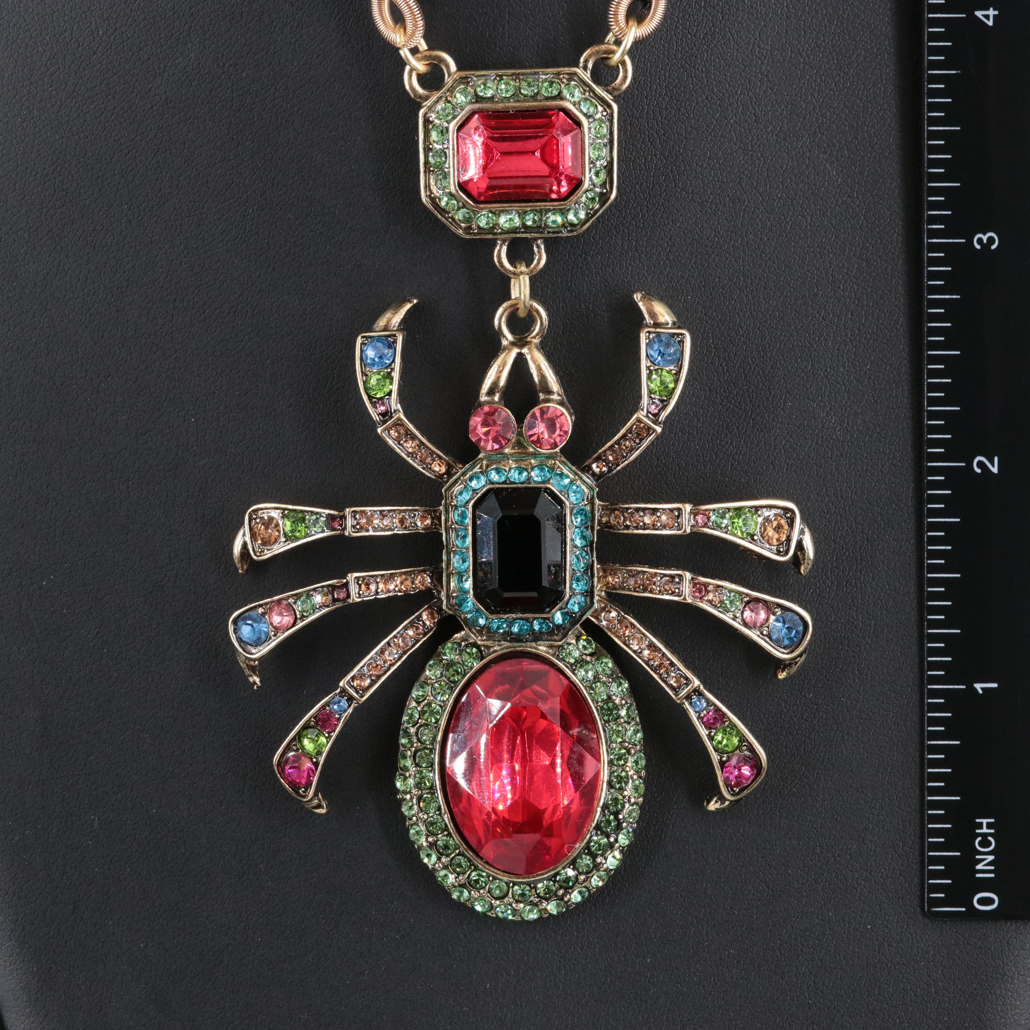 Rhinestone and Glass Spider Pendant Necklace