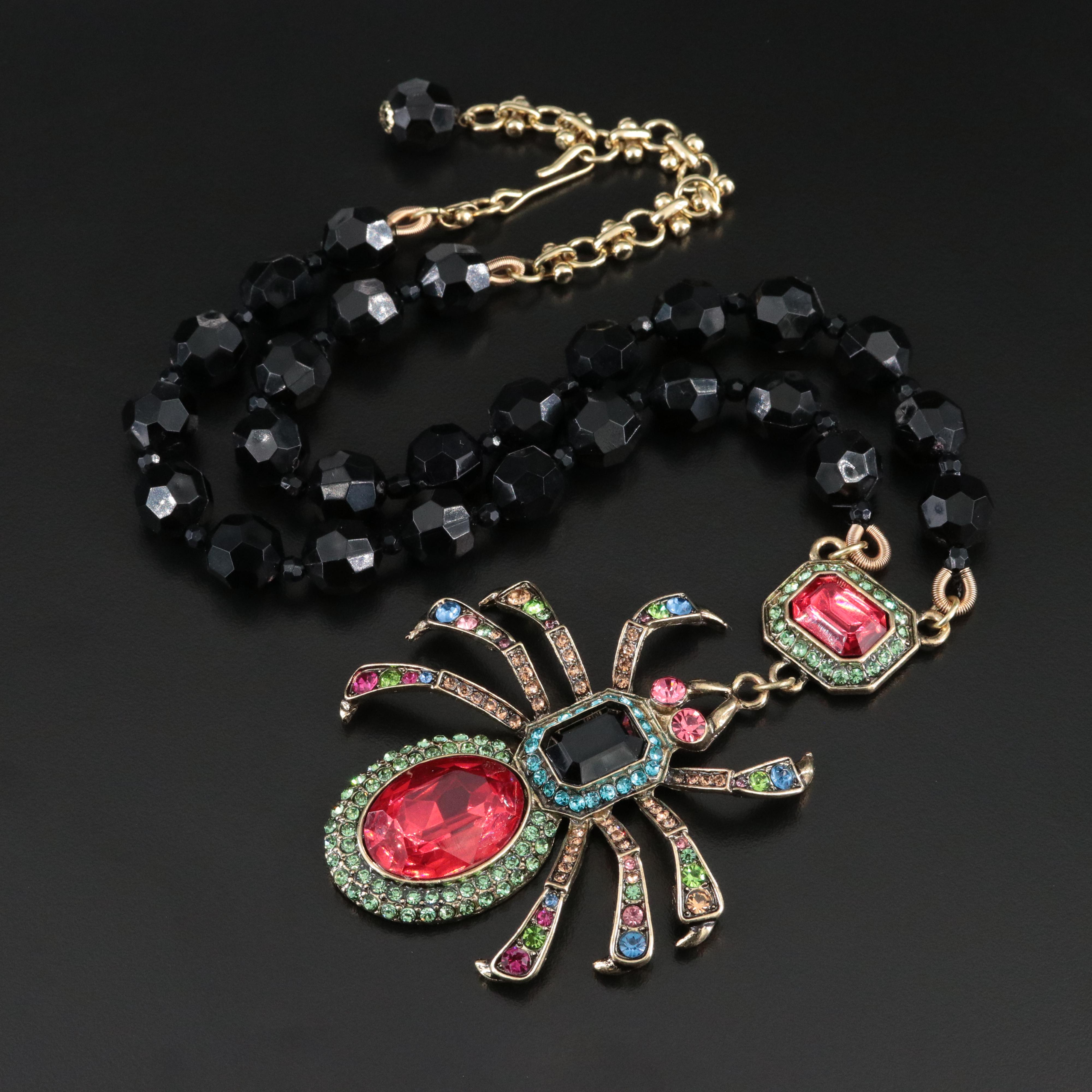 Rhinestone and Glass Spider Pendant Necklace