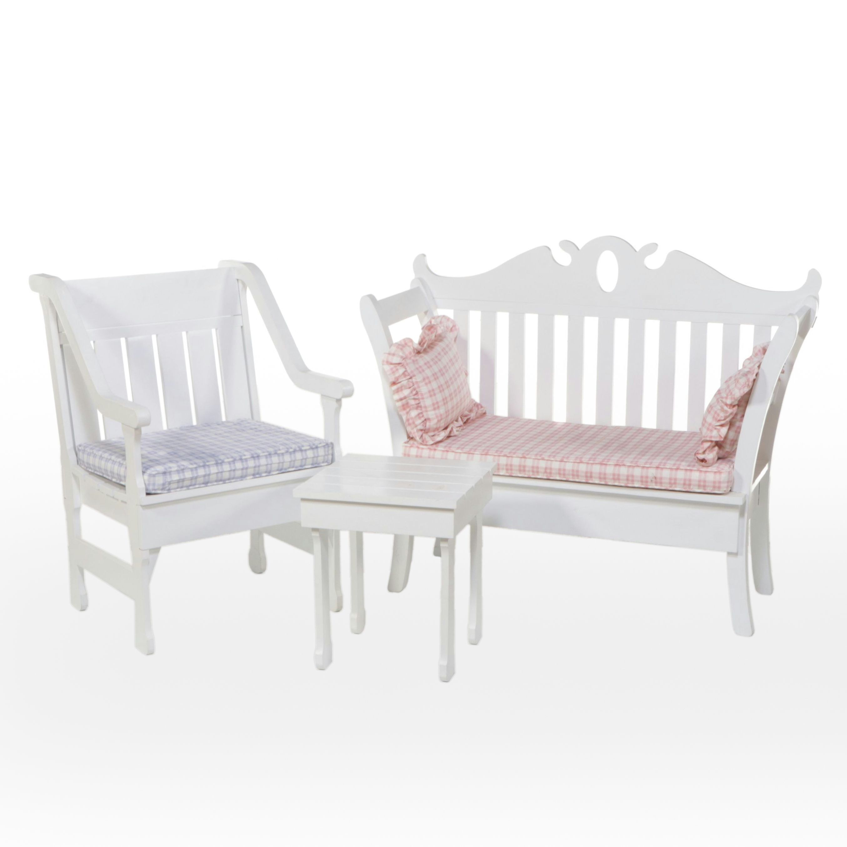White-Painted Wood Armchair, Settee & Side Table