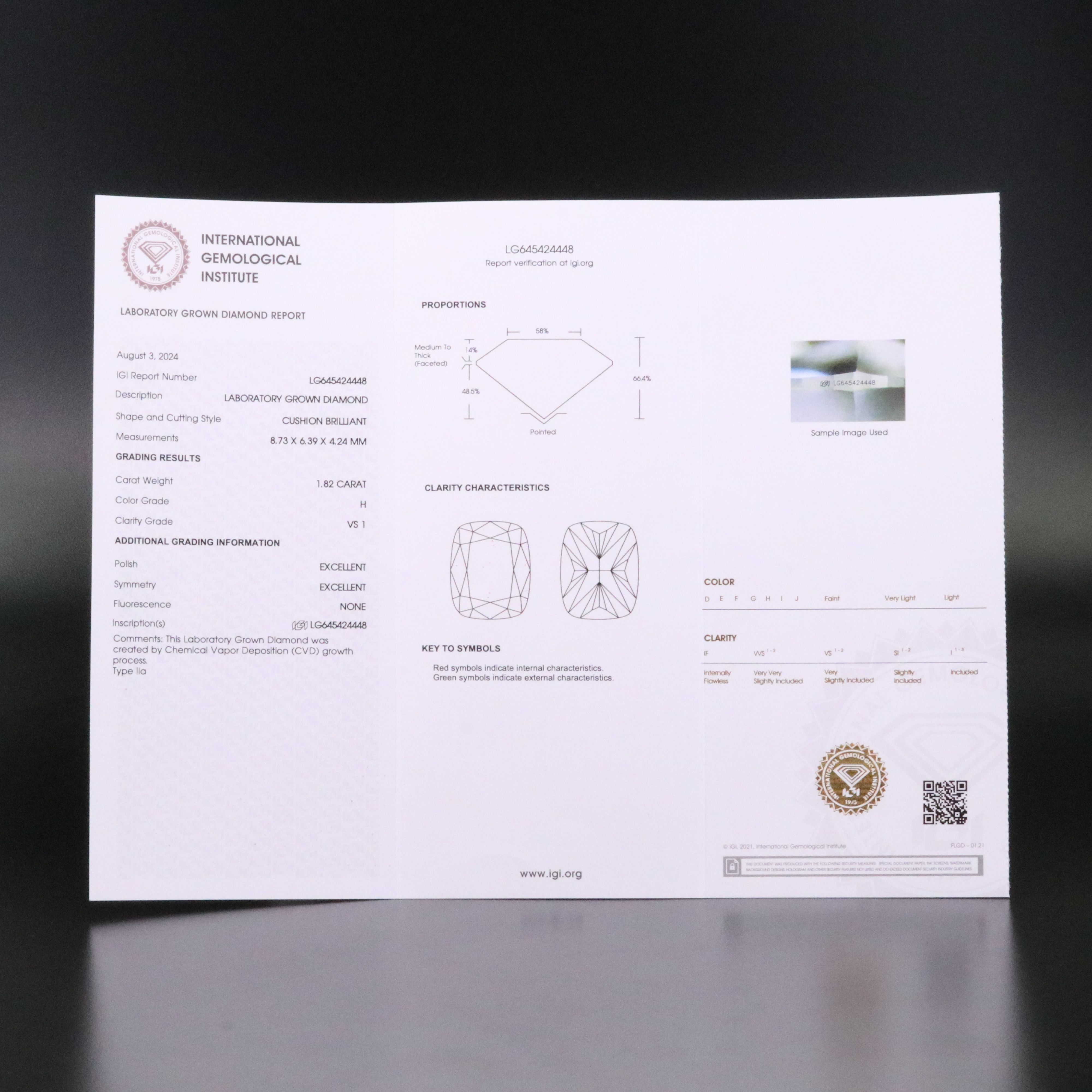 Loose 1.82 CT Lab Grown Diamond with IGI Report