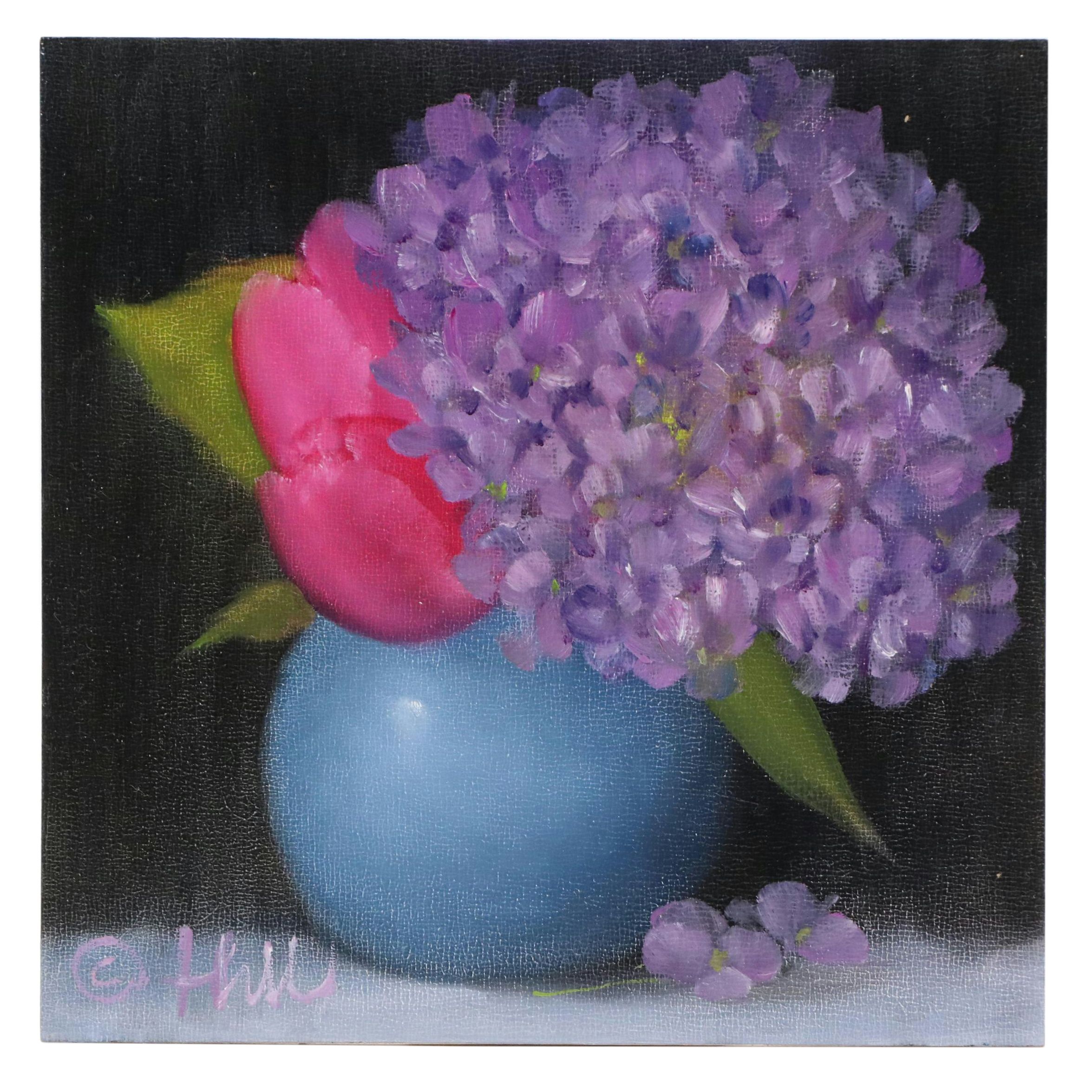 Thu-Thuy Tran Still Life Oil Painting "Hydrangeas and Tulips," 2025