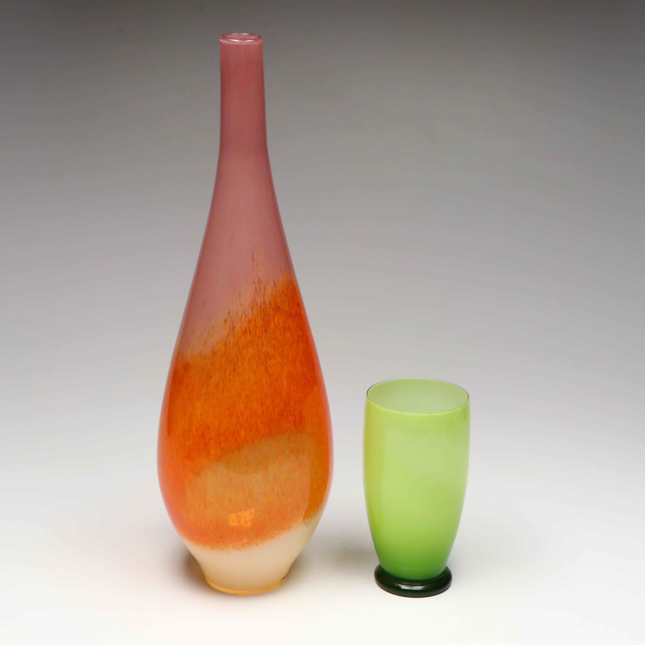 Mid Century Modern Style Purple and Orange Glass Vase with Other Green Vase