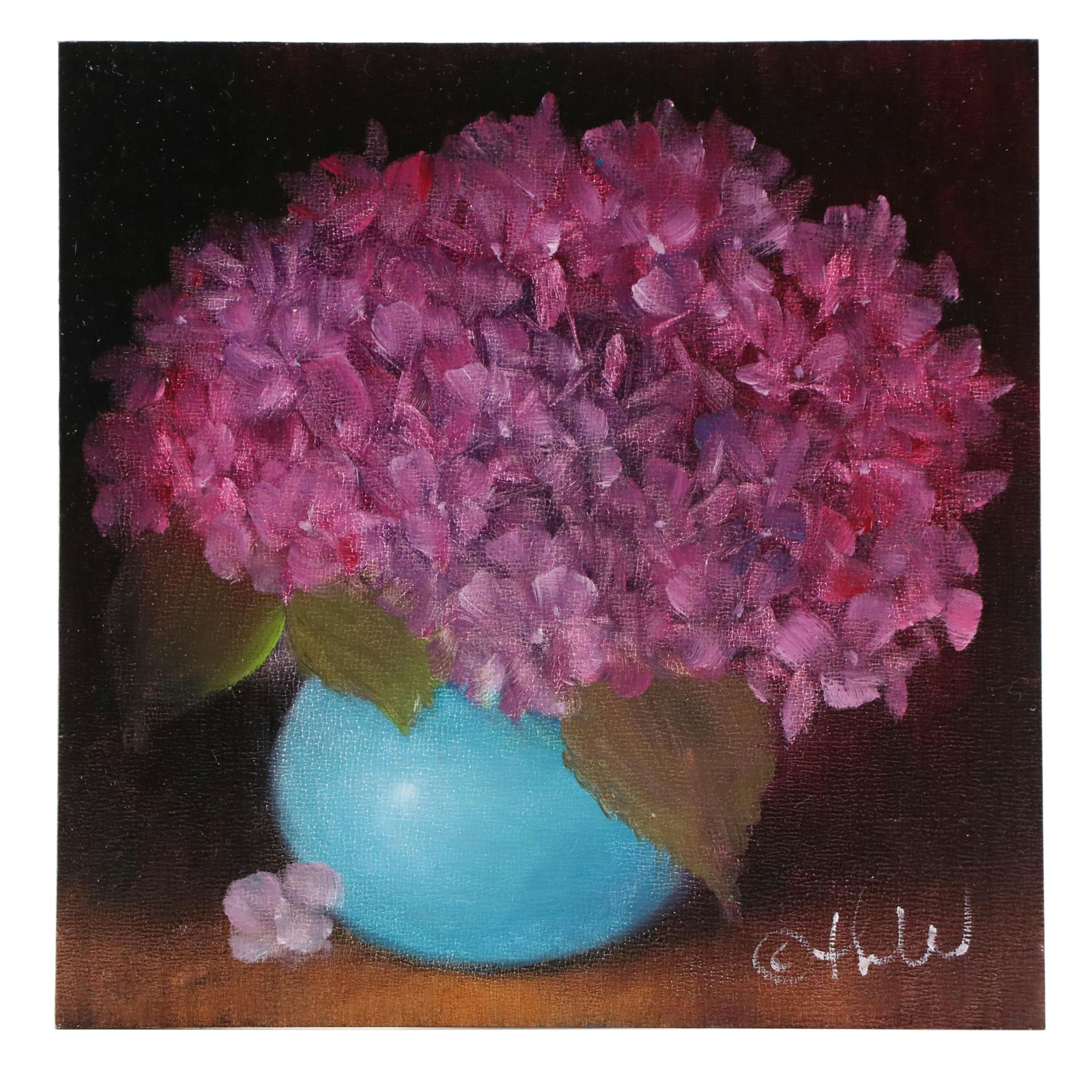 Thu-Thuy Tran Still Life Oil Painting "Hydrangeas and Spring," 2025