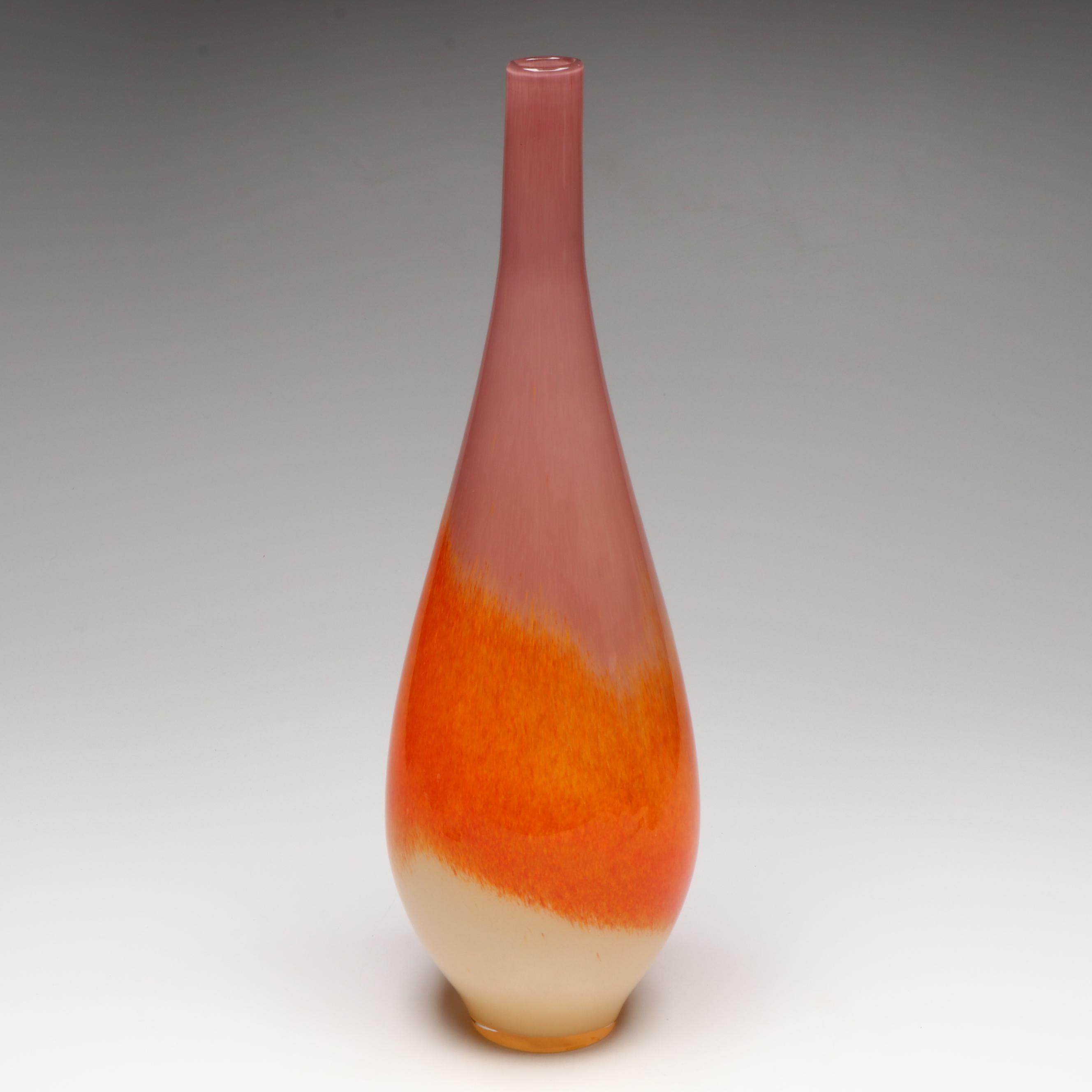 Mid Century Modern Style Purple and Orange Glass Vase with Other Green Vase