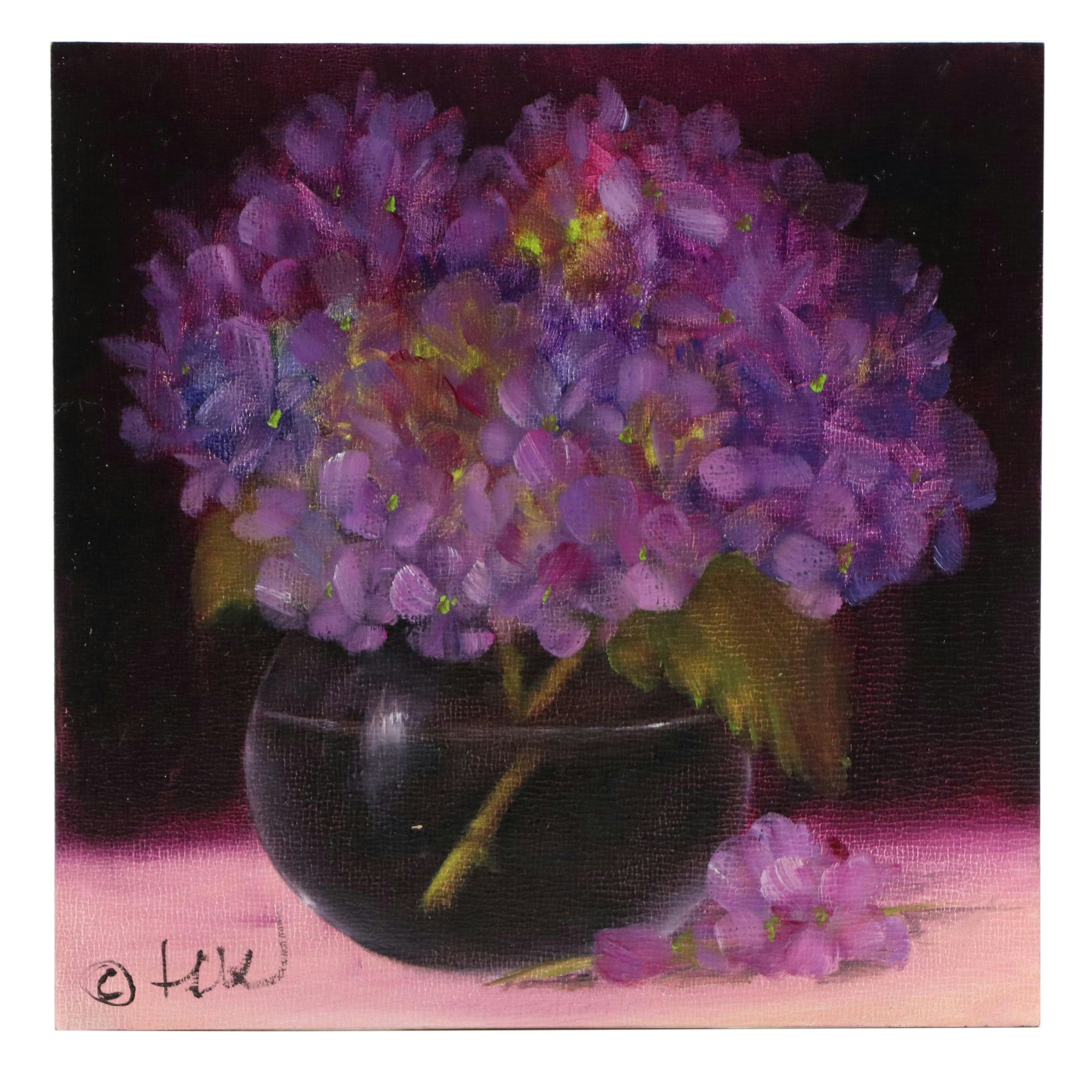 Thu-Thuy Tran Still Life Oil Painting "Hydrangeas Glow Violet-Pink," 2025