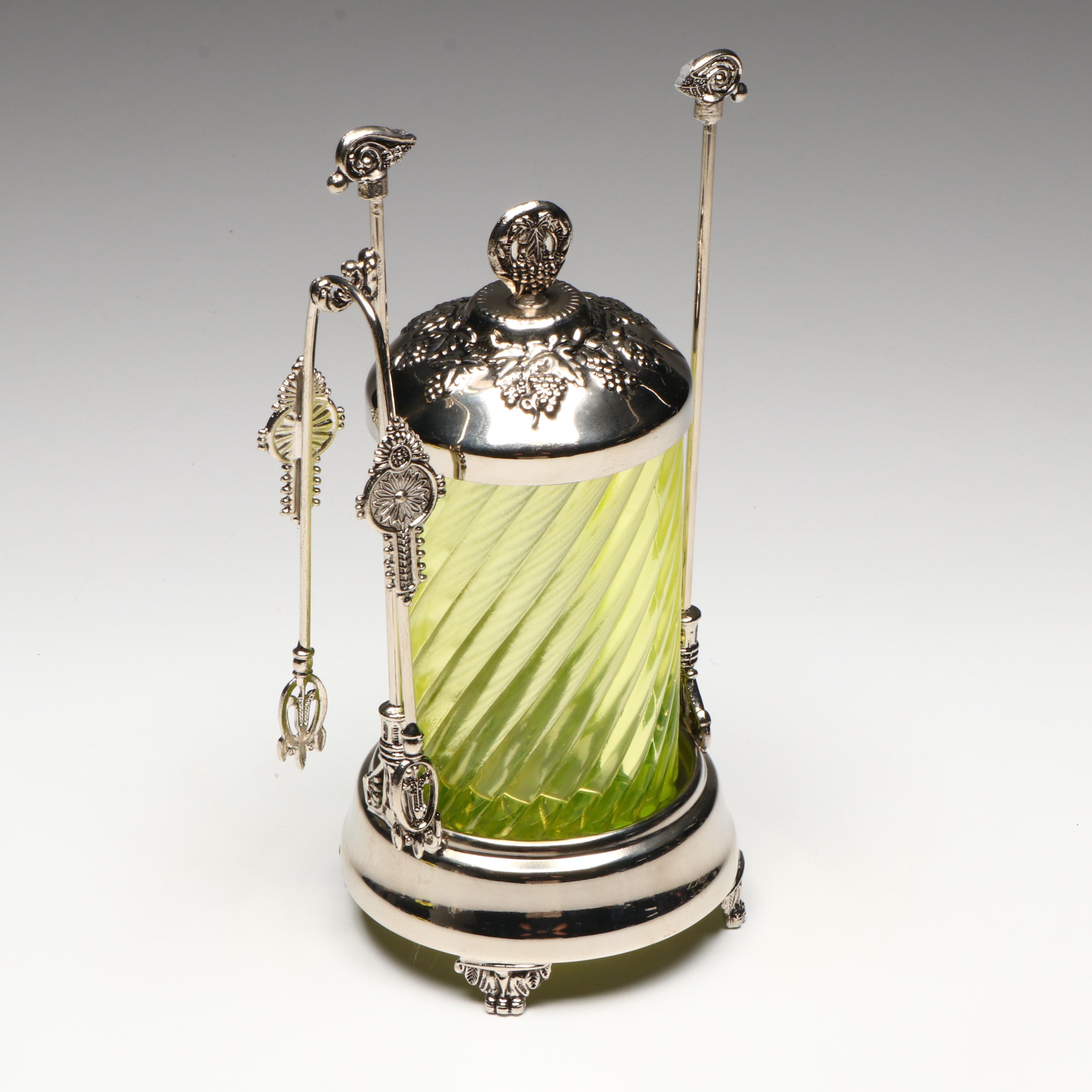 Victorian Aesthetic Movement Style Uranium Glass Pickle Castor with Tongs