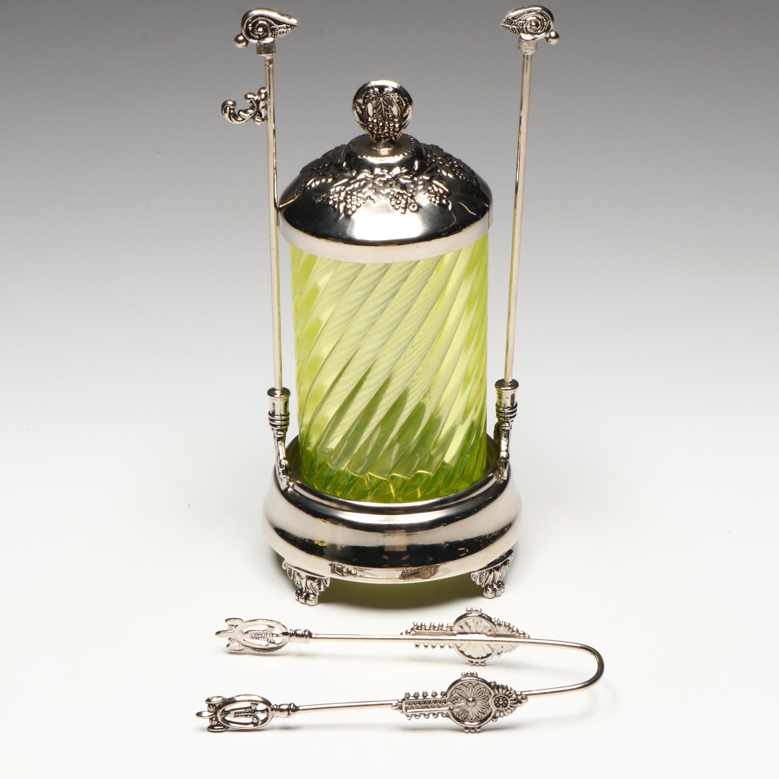 Victorian Aesthetic Movement Style Uranium Glass Pickle Castor with Tongs