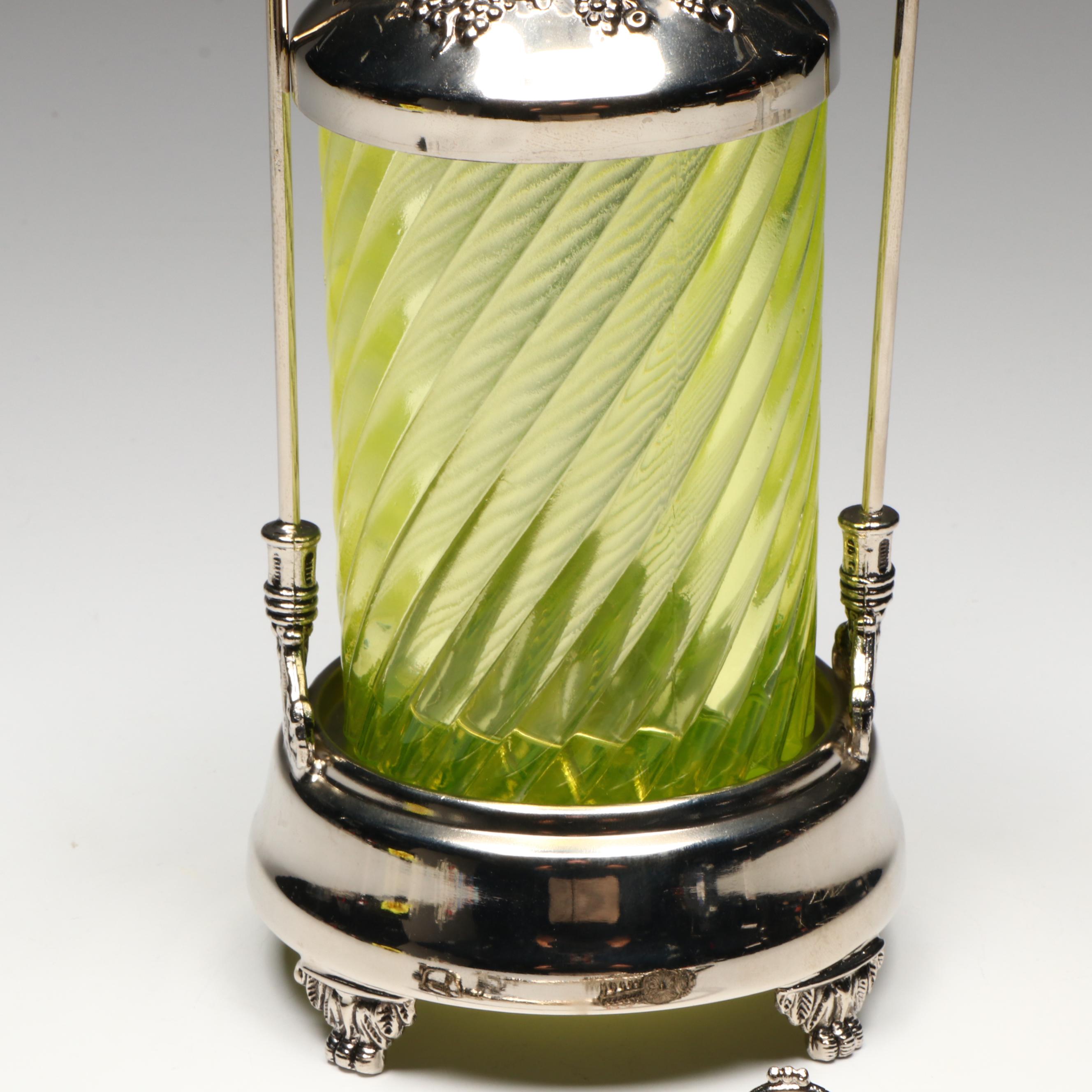 Victorian Aesthetic Movement Style Uranium Glass Pickle Castor with Tongs