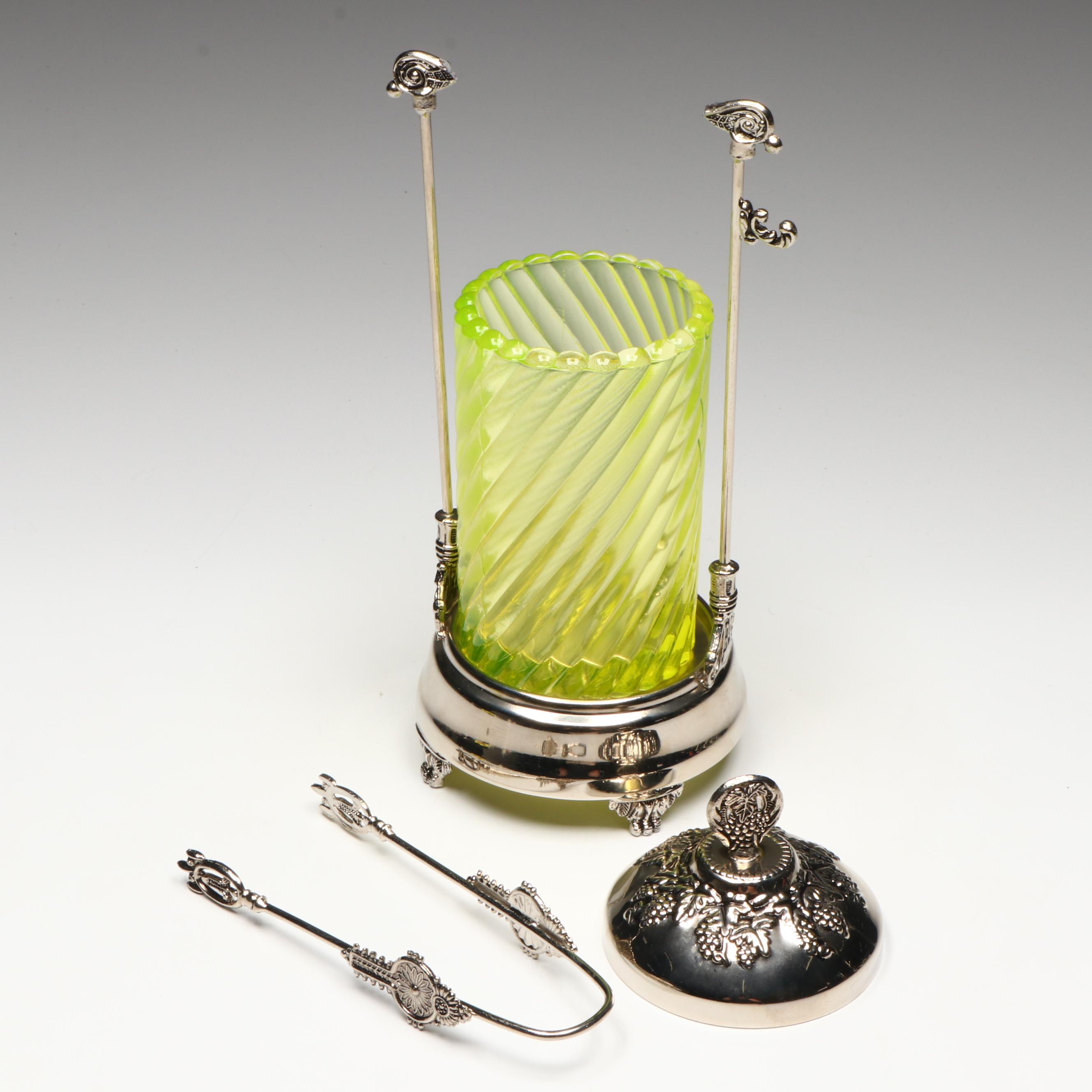 Victorian Aesthetic Movement Style Uranium Glass Pickle Castor with Tongs