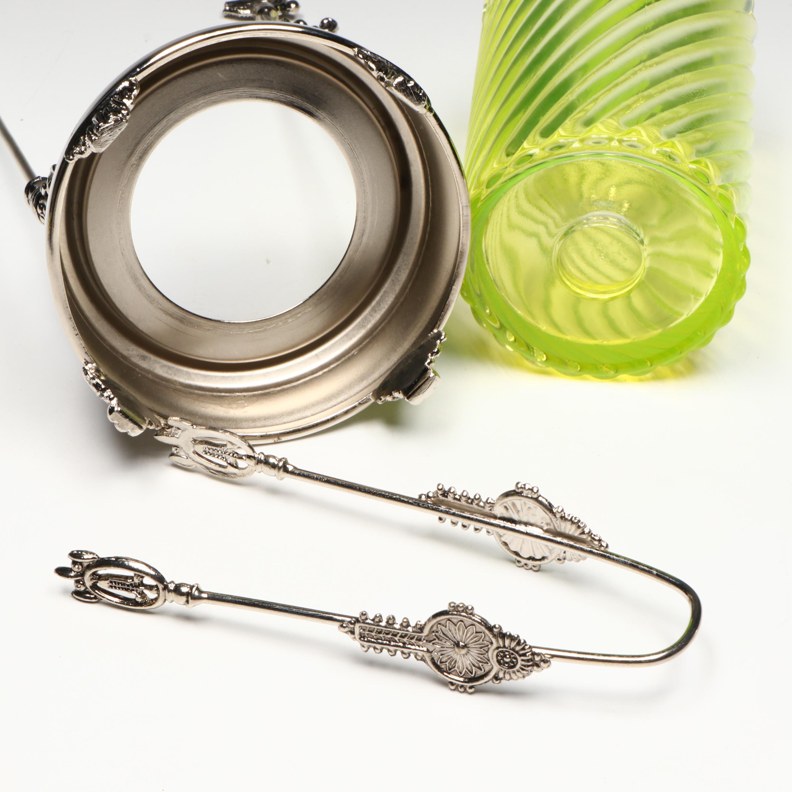 Victorian Aesthetic Movement Style Uranium Glass Pickle Castor with Tongs