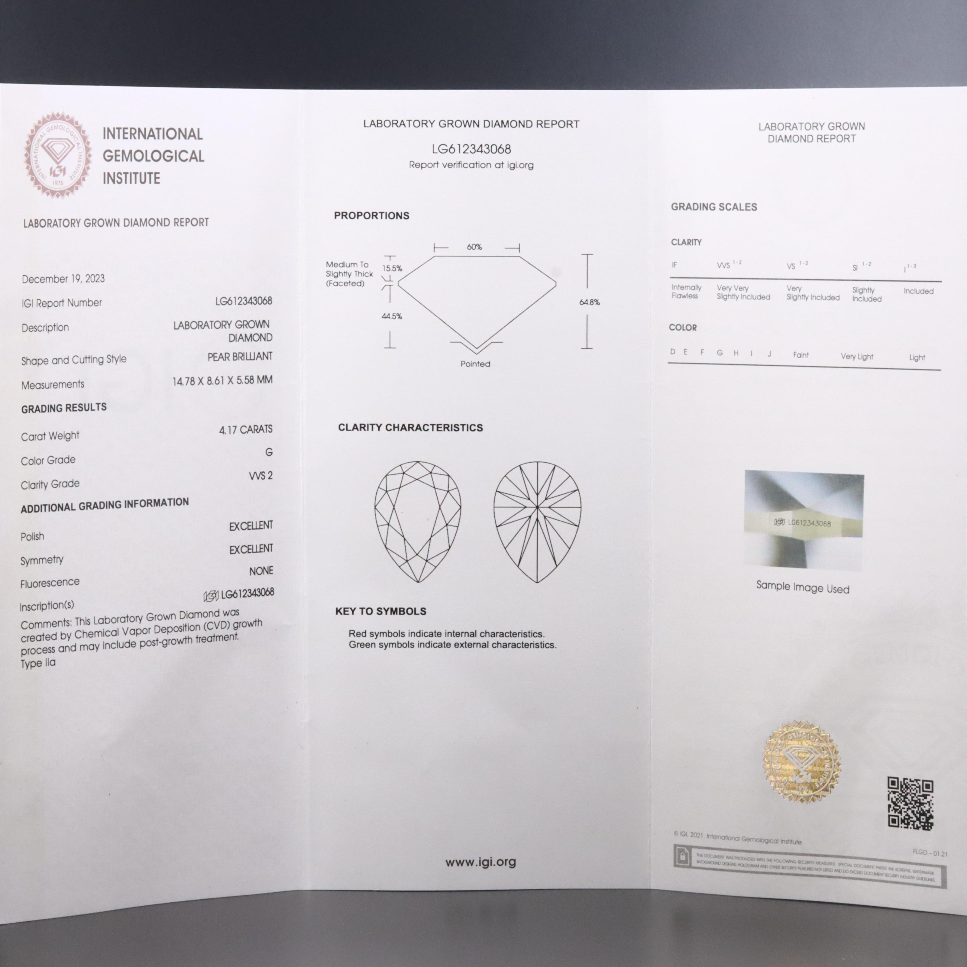 14K 4.17 CT Lab Grown Diamond Solitaire Ring with IGI Report