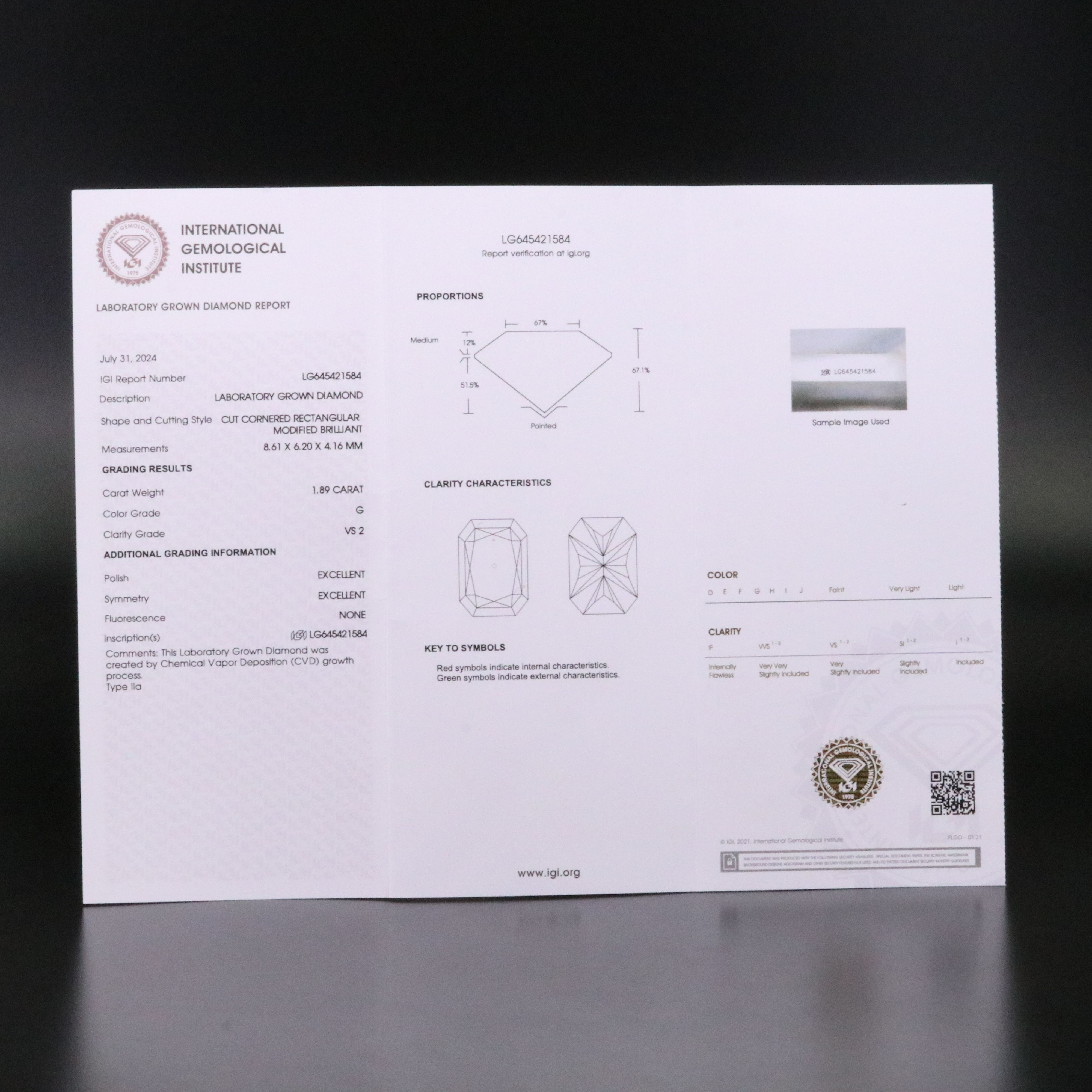 Loose 1.89 CT Lab Grown Diamond with IGI Report