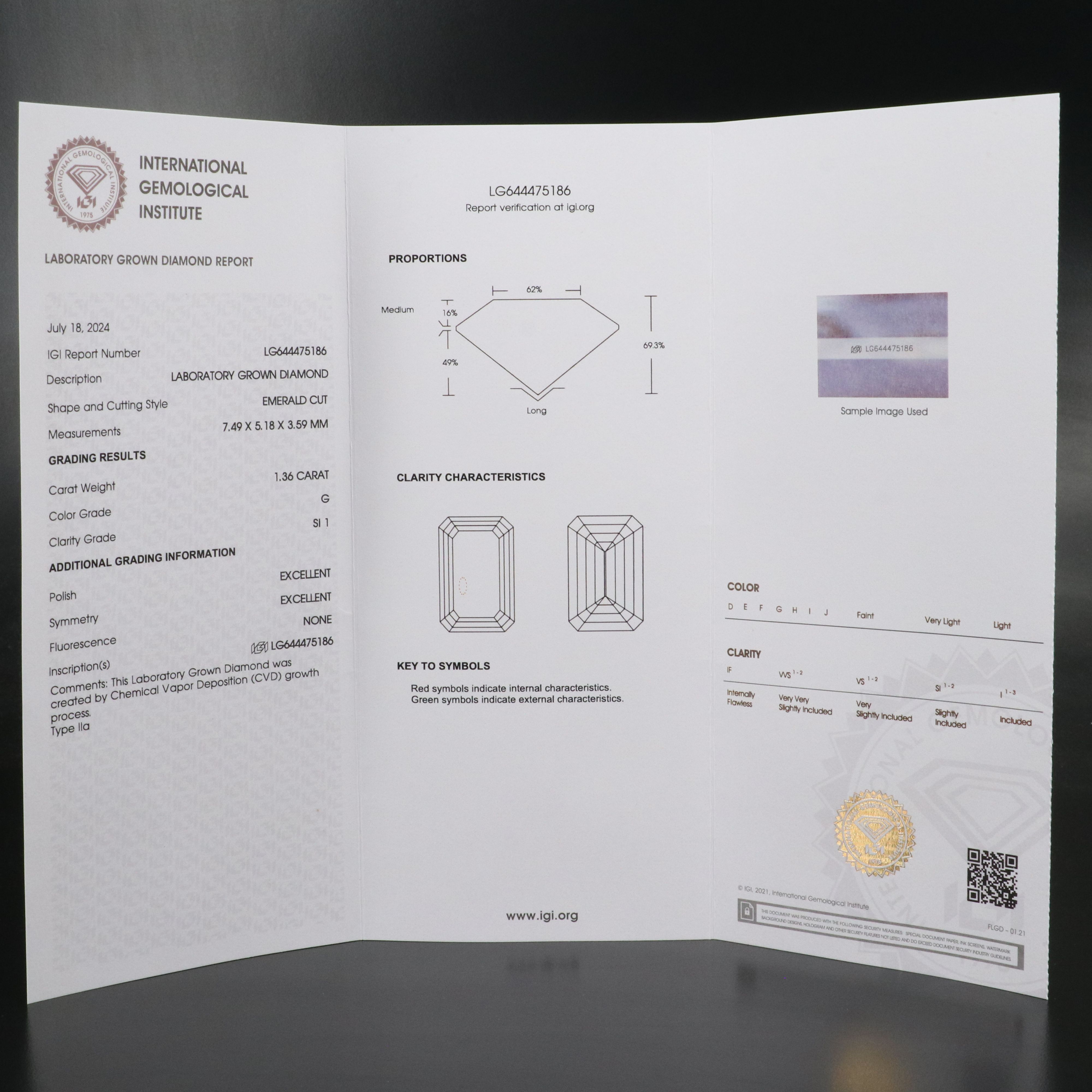 Loose 1.36 CT Lab Grown Diamond with IGI Report