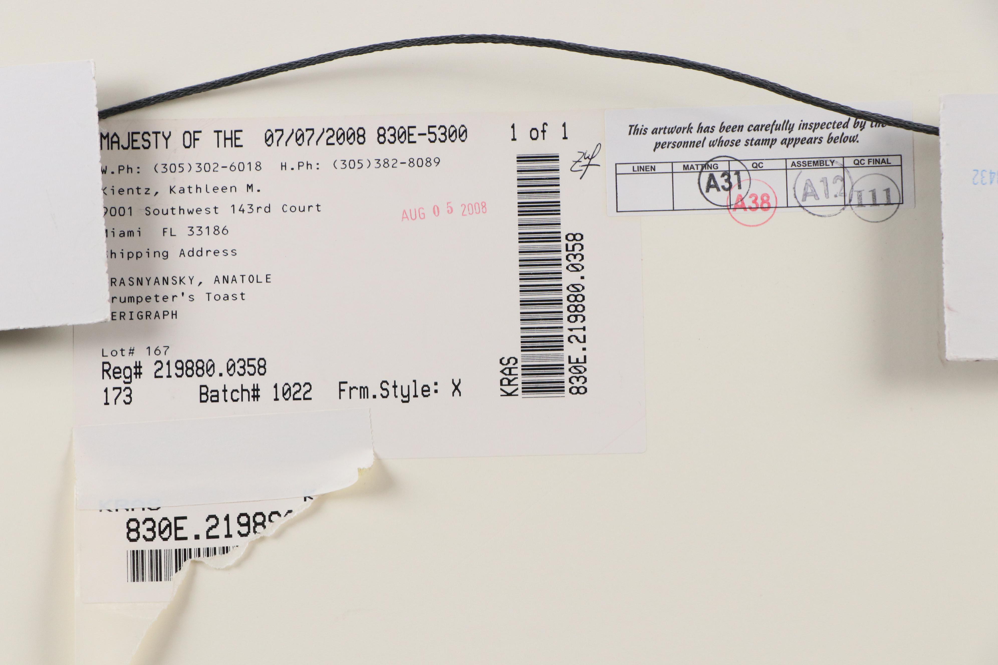 Anatole Krasnyansky Serigraph "Trumpeter's Toast"