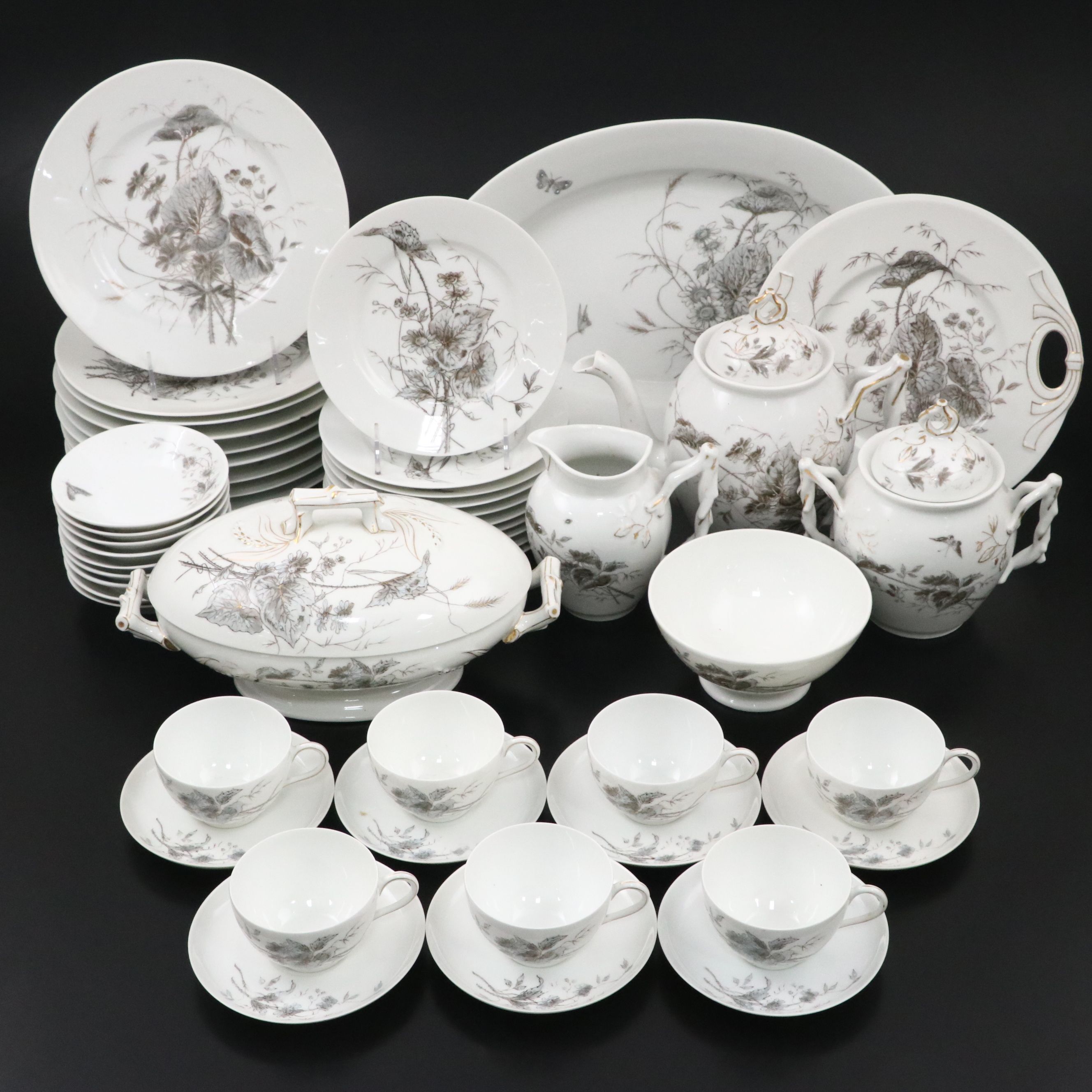 Black and White Floral with Gold Gilt Porcelain Dinnerware