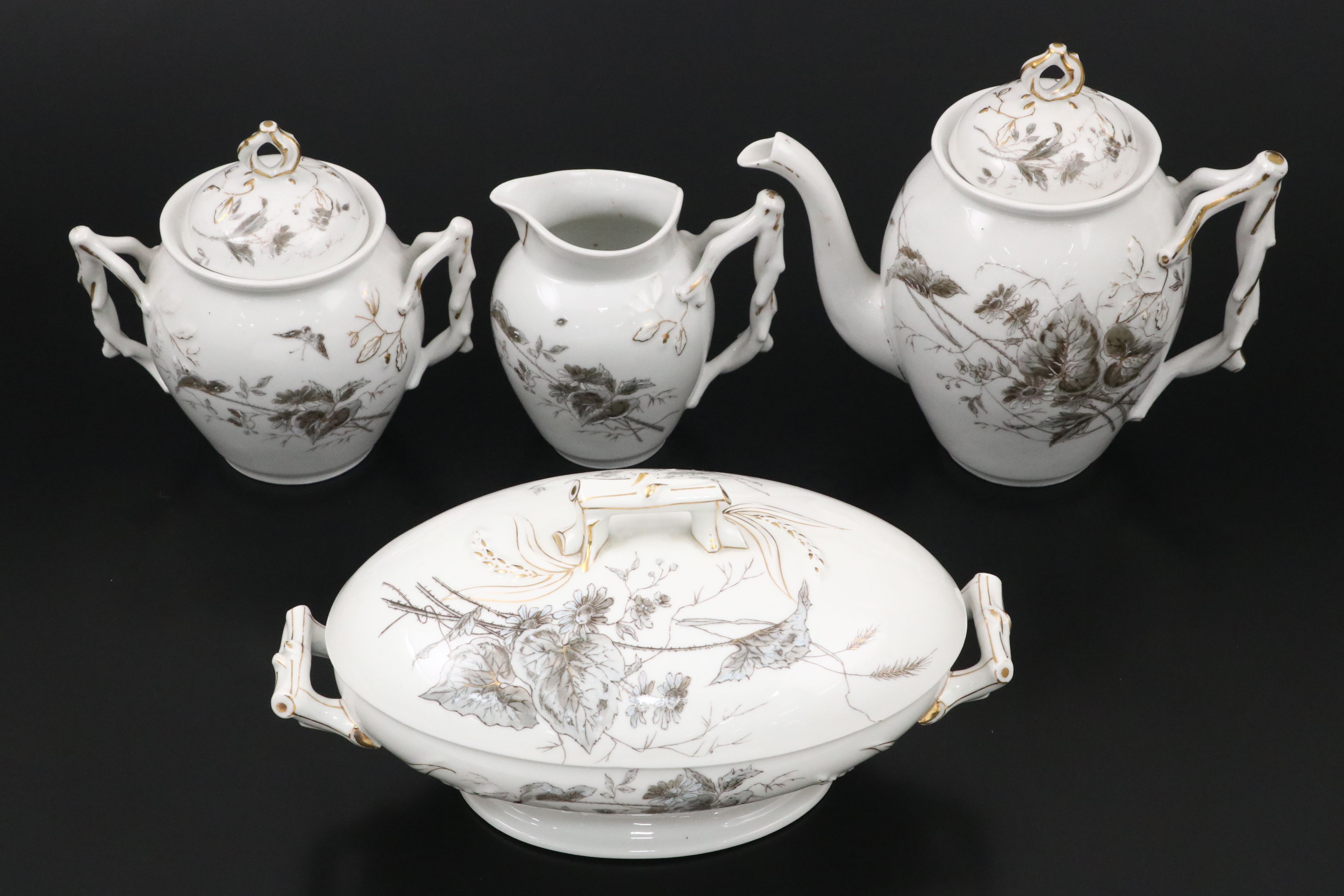 Black and White Floral with Gold Gilt Porcelain Dinnerware