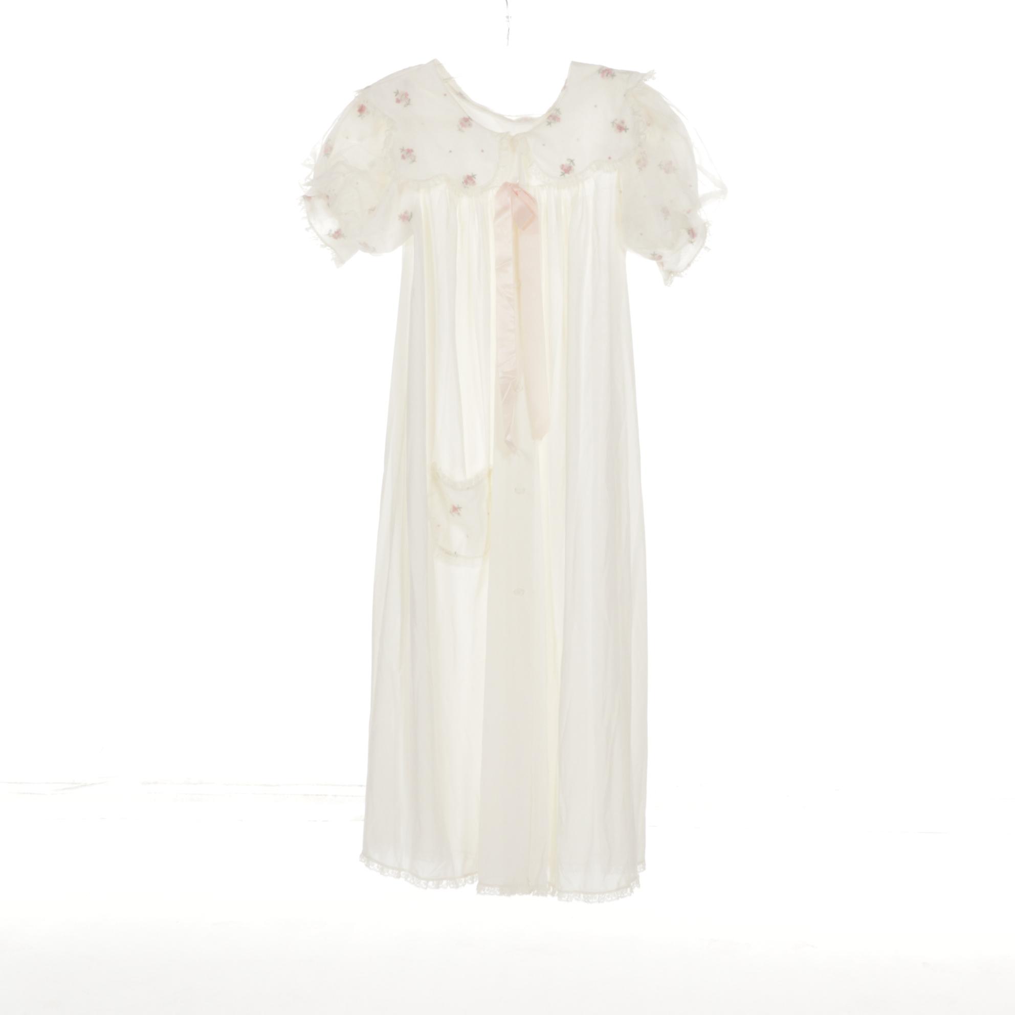 Lace Trimmed Nightgown and Robe Set with Puff Sleeves and Embroidered Flowers