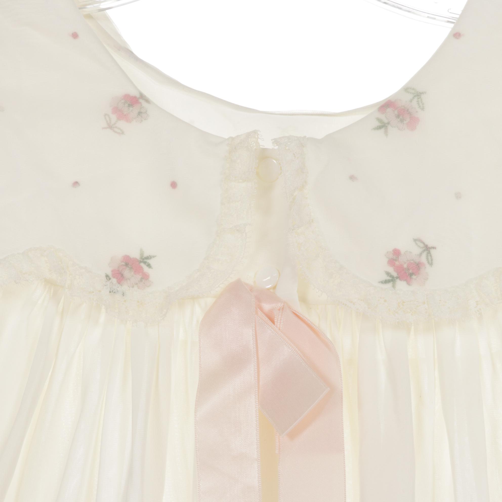 Lace Trimmed Nightgown and Robe Set with Puff Sleeves and Embroidered Flowers