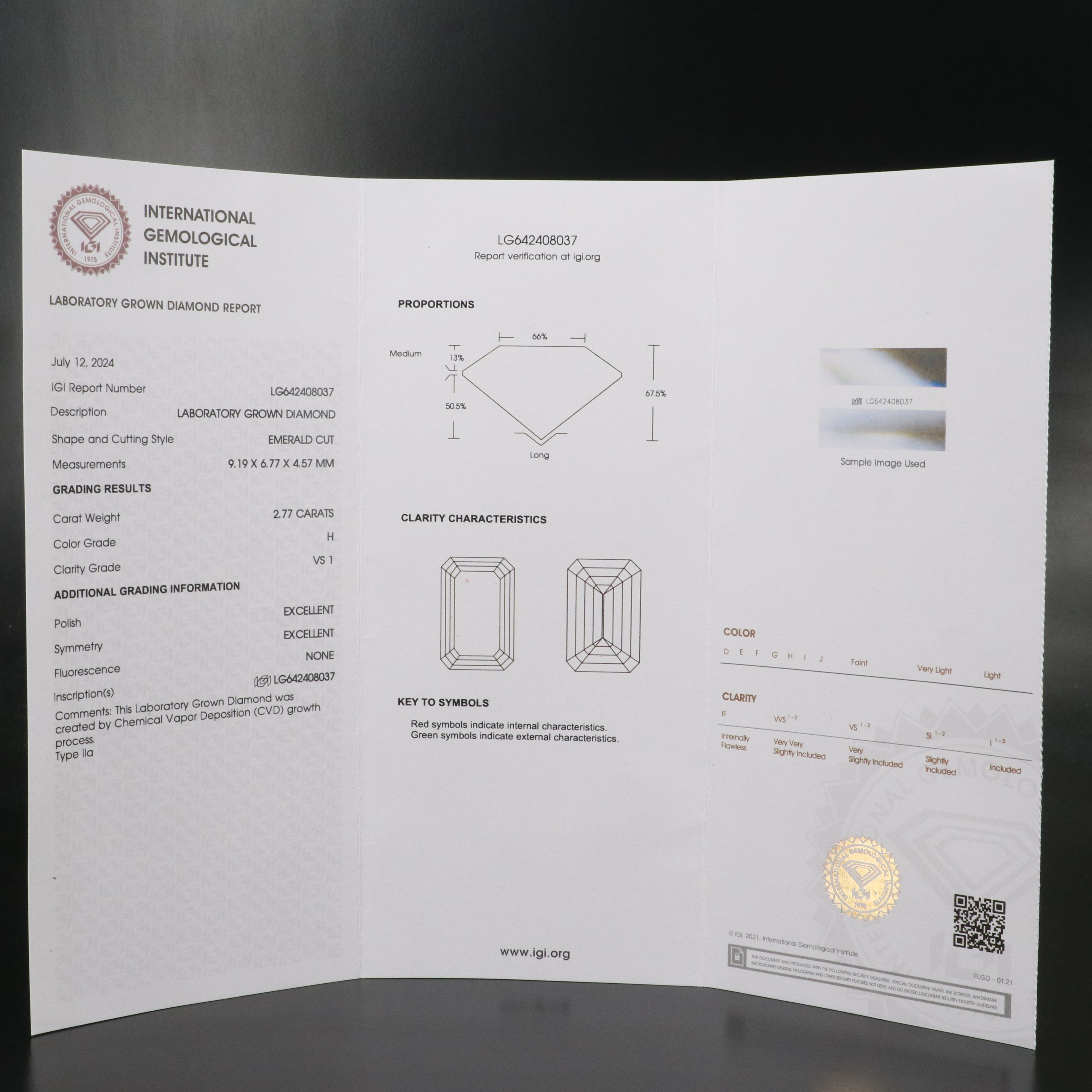 Loose 2.77 CT Lab Grown Diamond with IGI Report