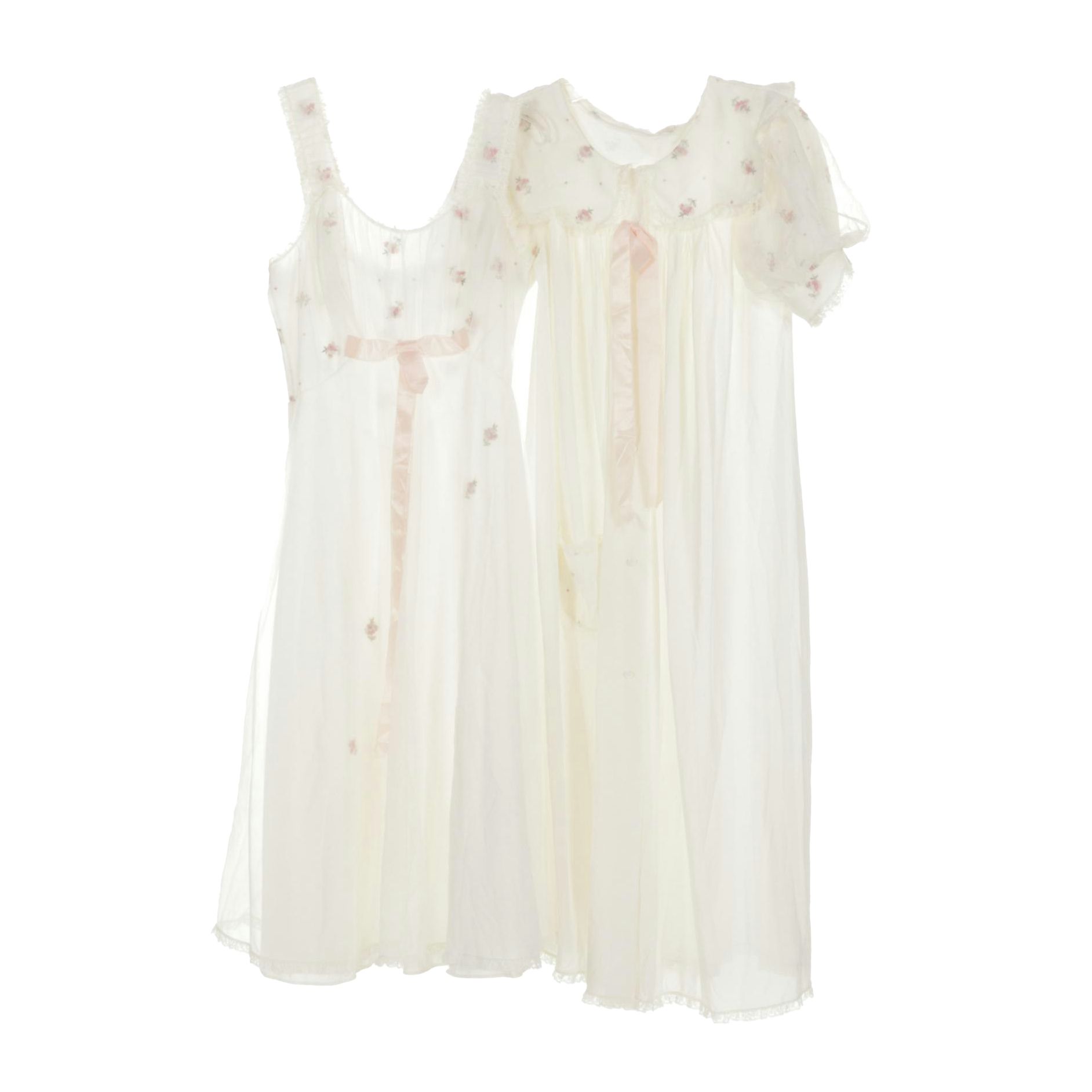 Lace Trimmed Nightgown and Robe Set with Puff Sleeves and Embroidered Flowers