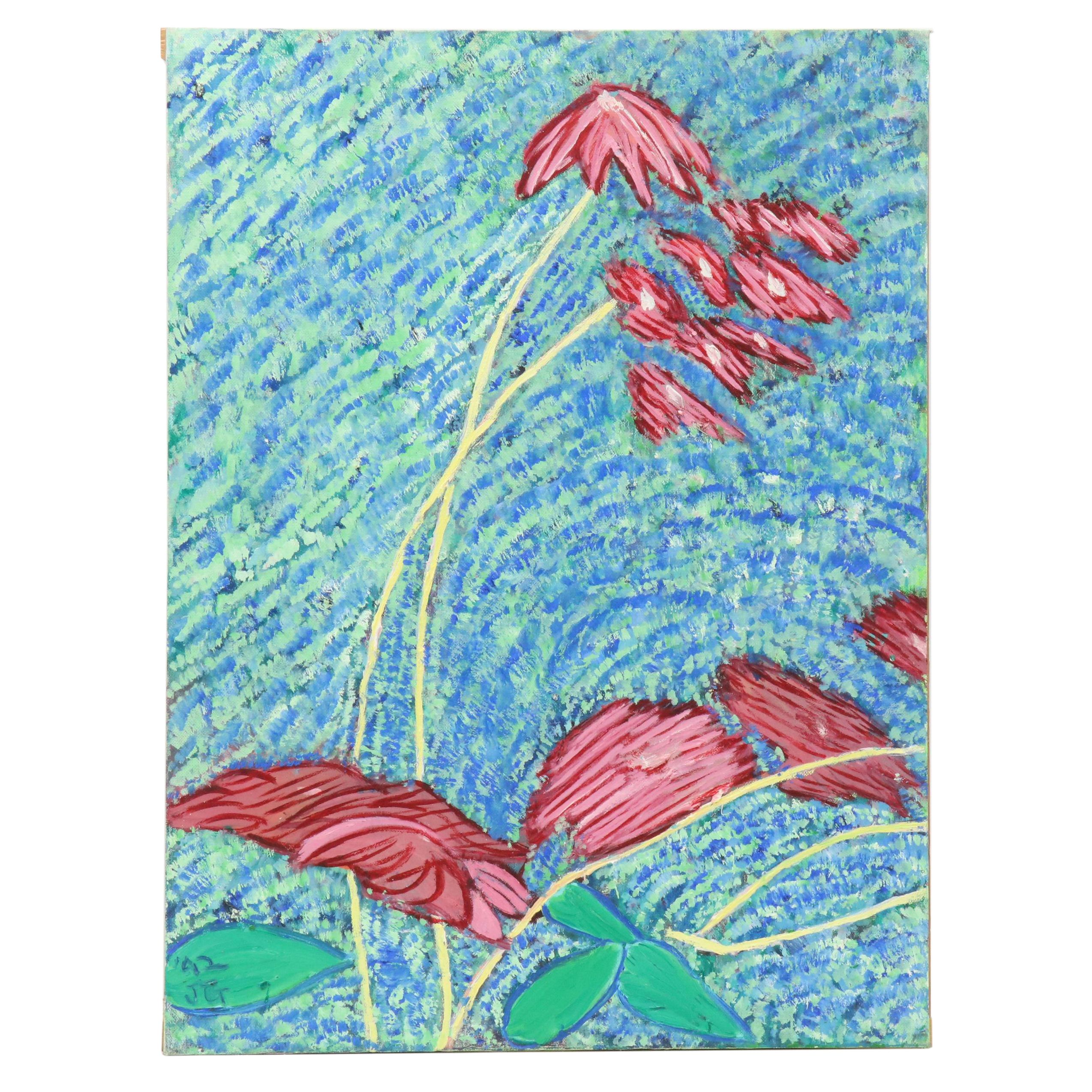 Janice Guttman Stylized Floral Acrylic Painting, 1992