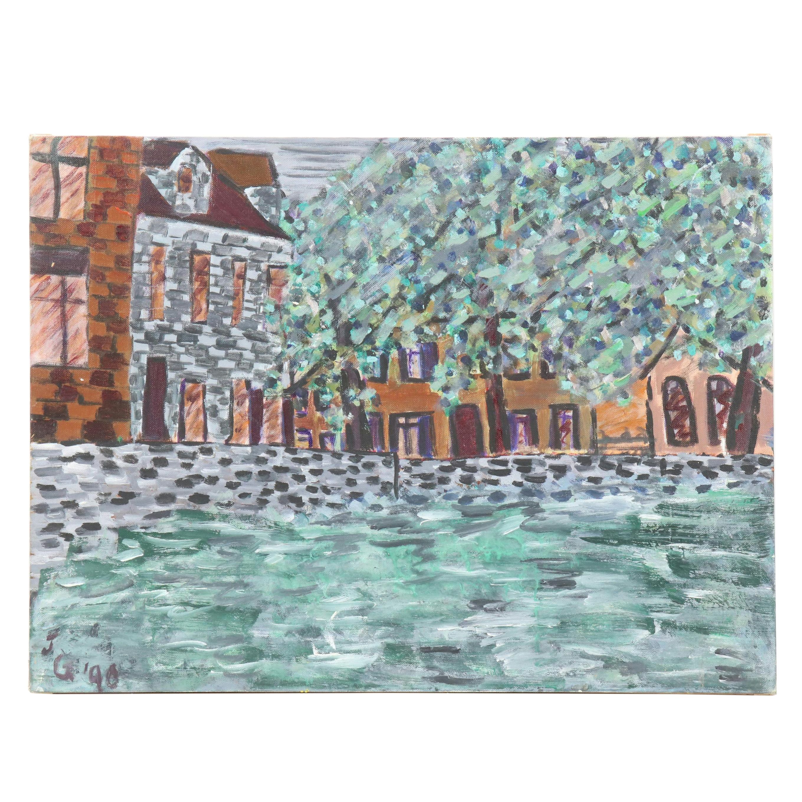 Janice Guttman Modernist Architectural Landscape Acrylic Painting, 1990