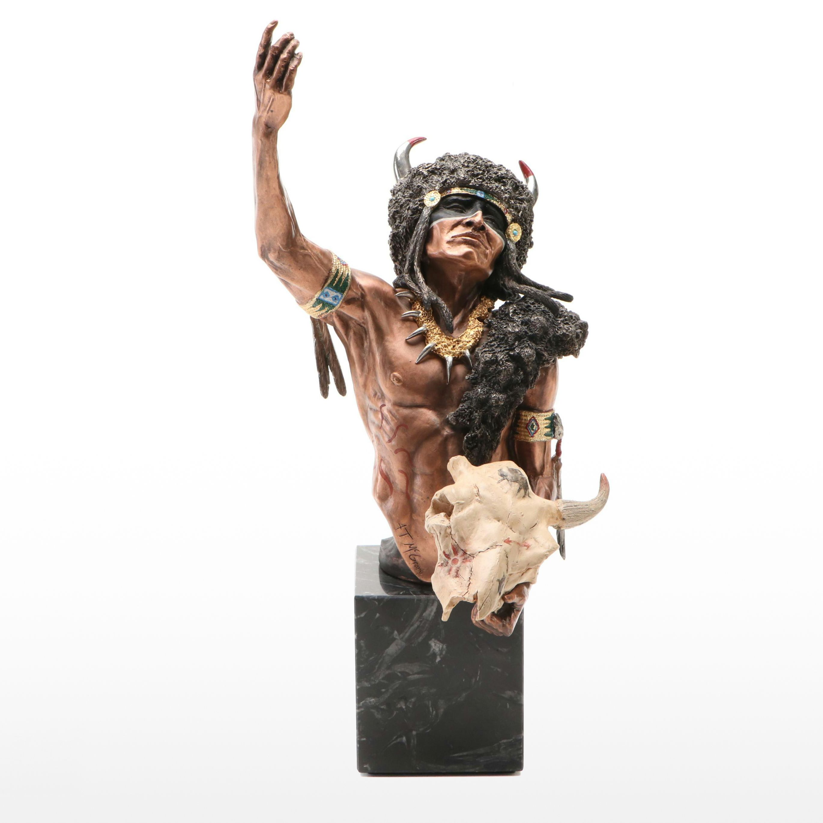 Pewter Indigenous Statue After Ann McGrory "Buffalo Vision," Late 20th Century