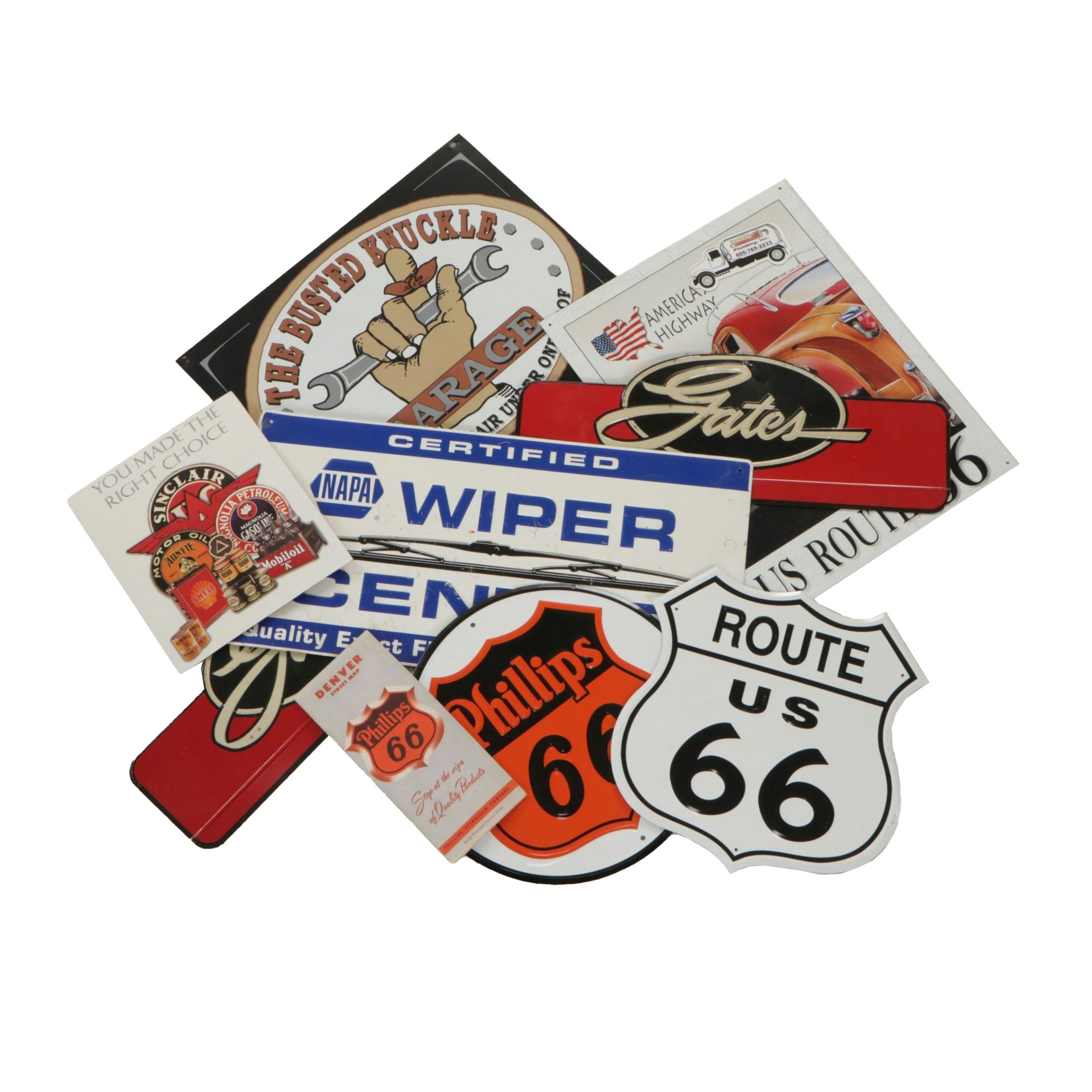 Route 66 and "The Busted Knuckle" with Other Highway and Automobile Signs