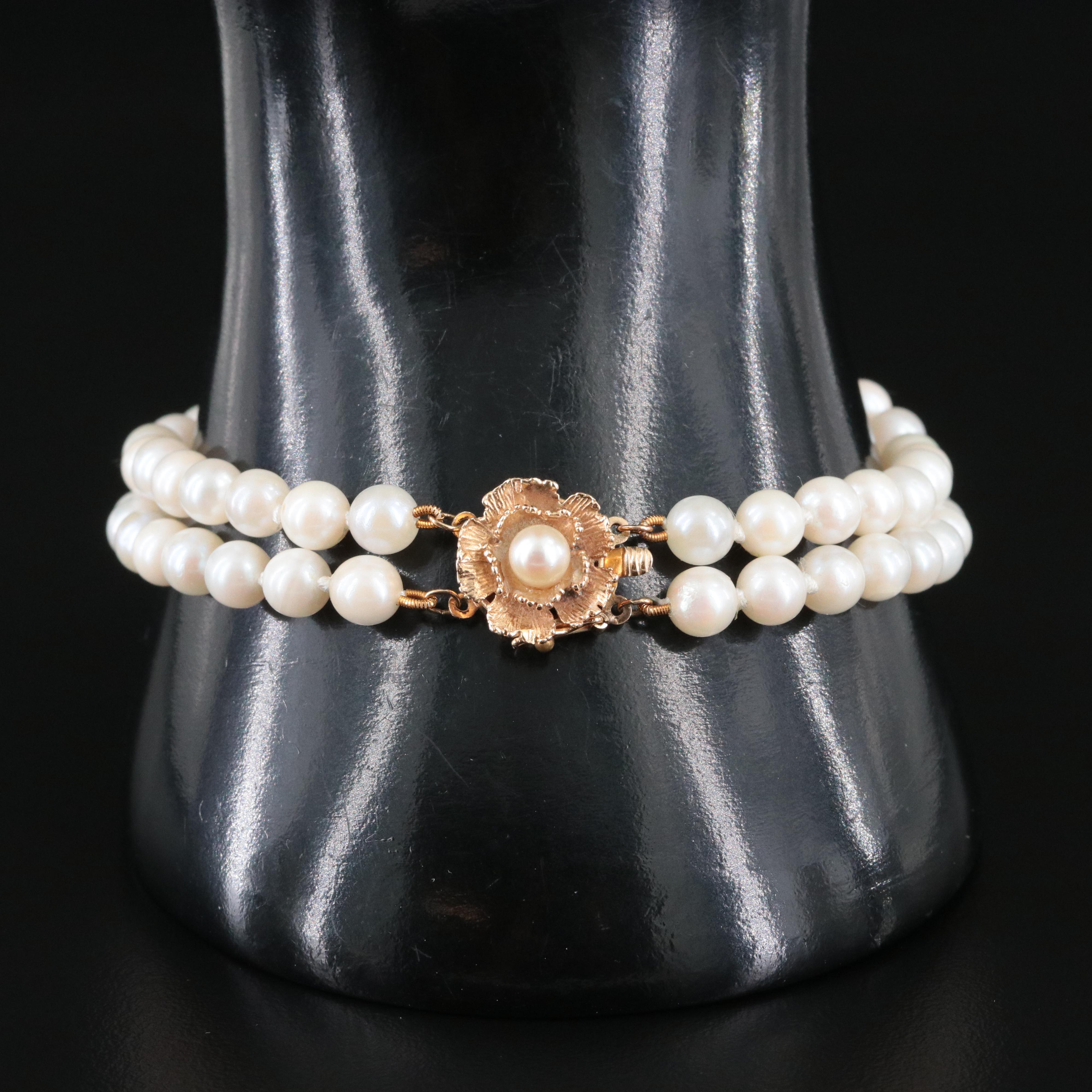 Pearl Double Strand Bracelet with 14K Spacer Bars and Flower Clasp