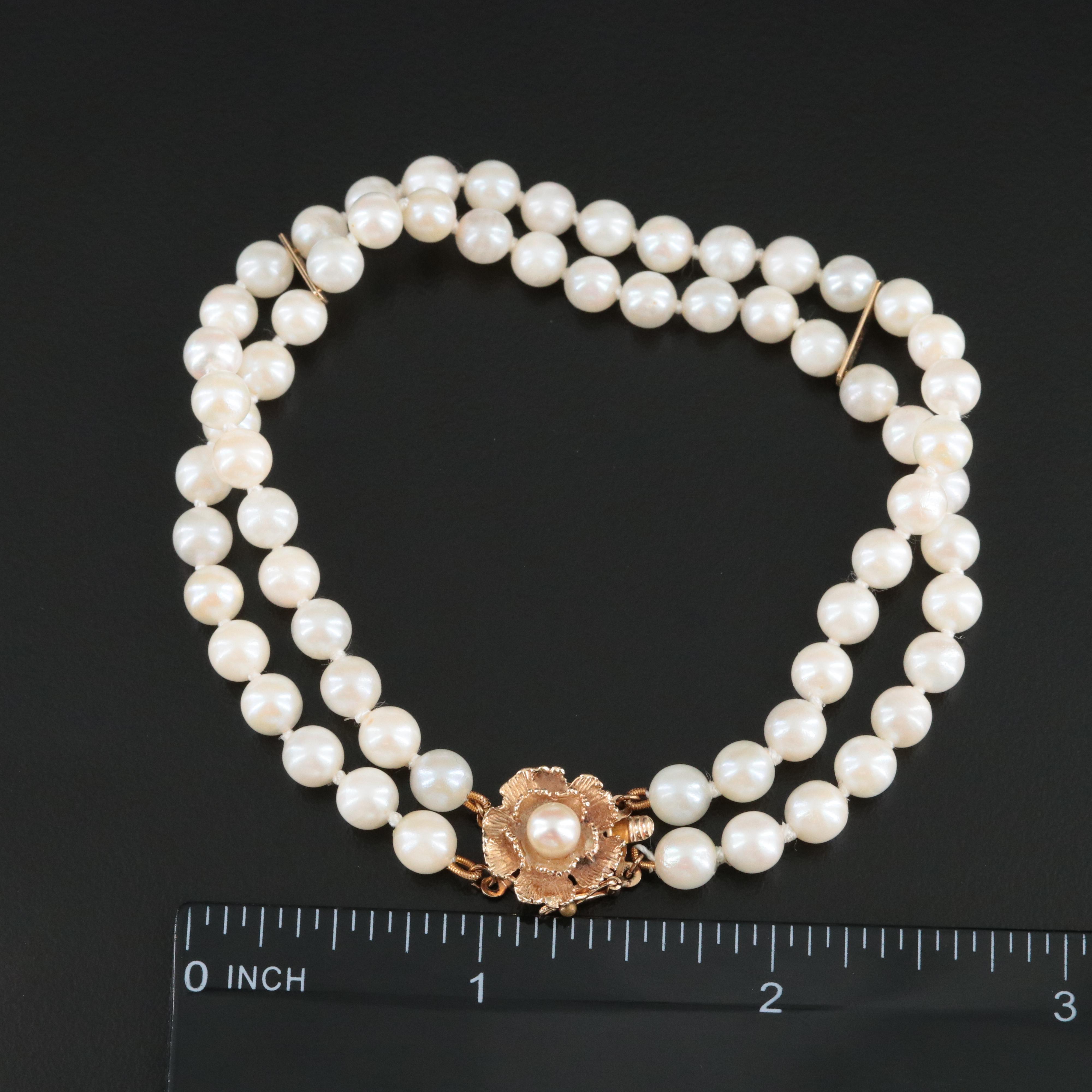 Pearl Double Strand Bracelet with 14K Spacer Bars and Flower Clasp