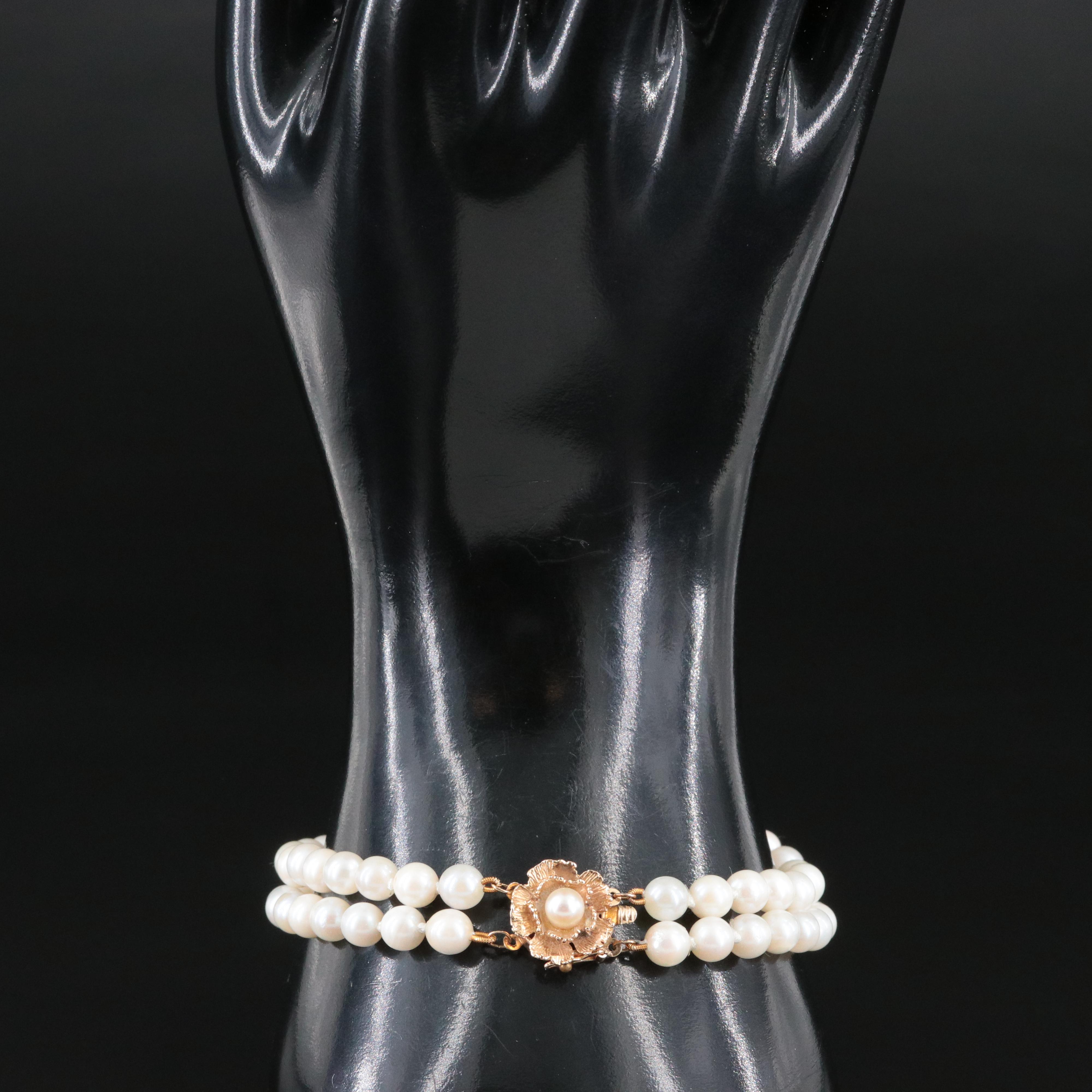 Pearl Double Strand Bracelet with 14K Spacer Bars and Flower Clasp