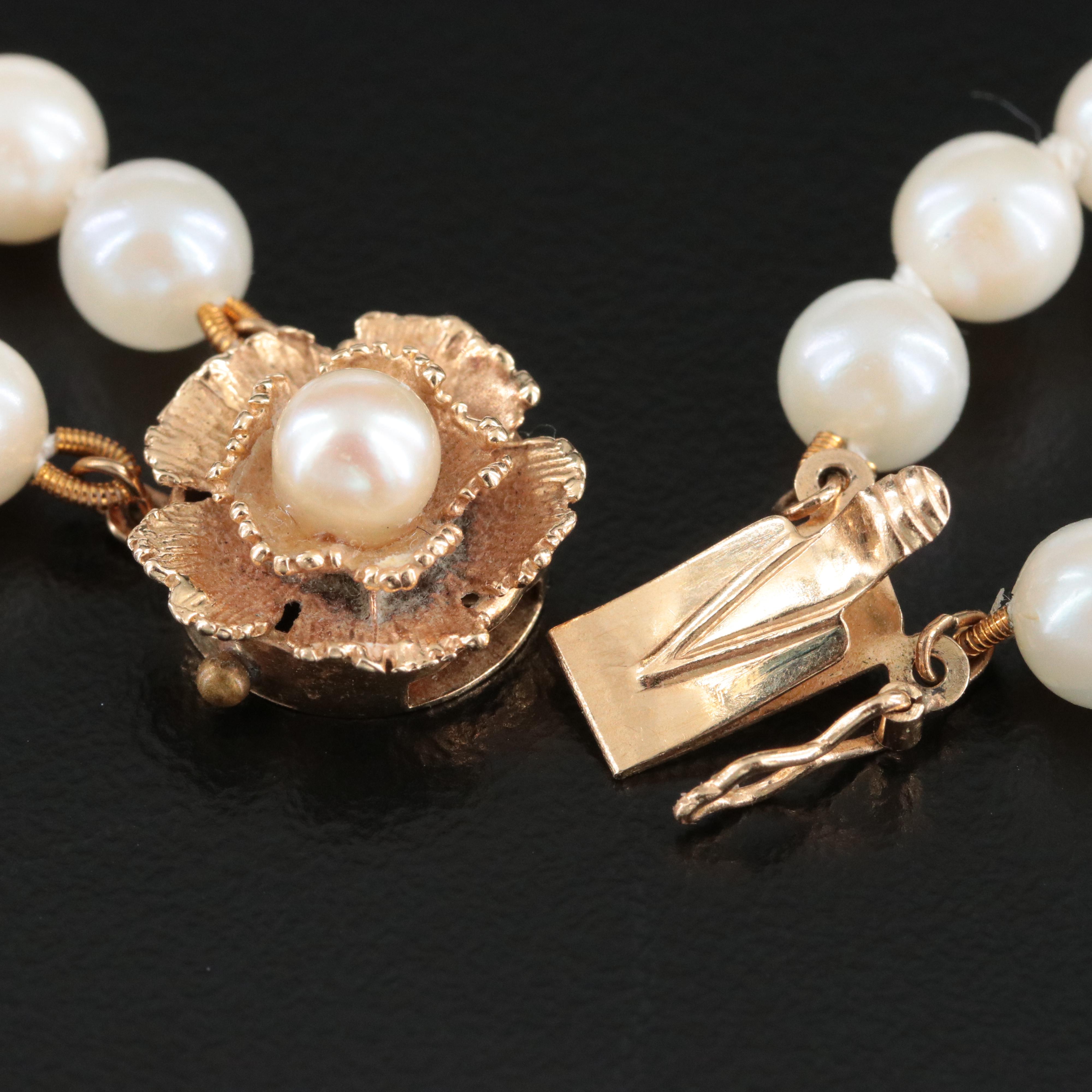Pearl Double Strand Bracelet with 14K Spacer Bars and Flower Clasp