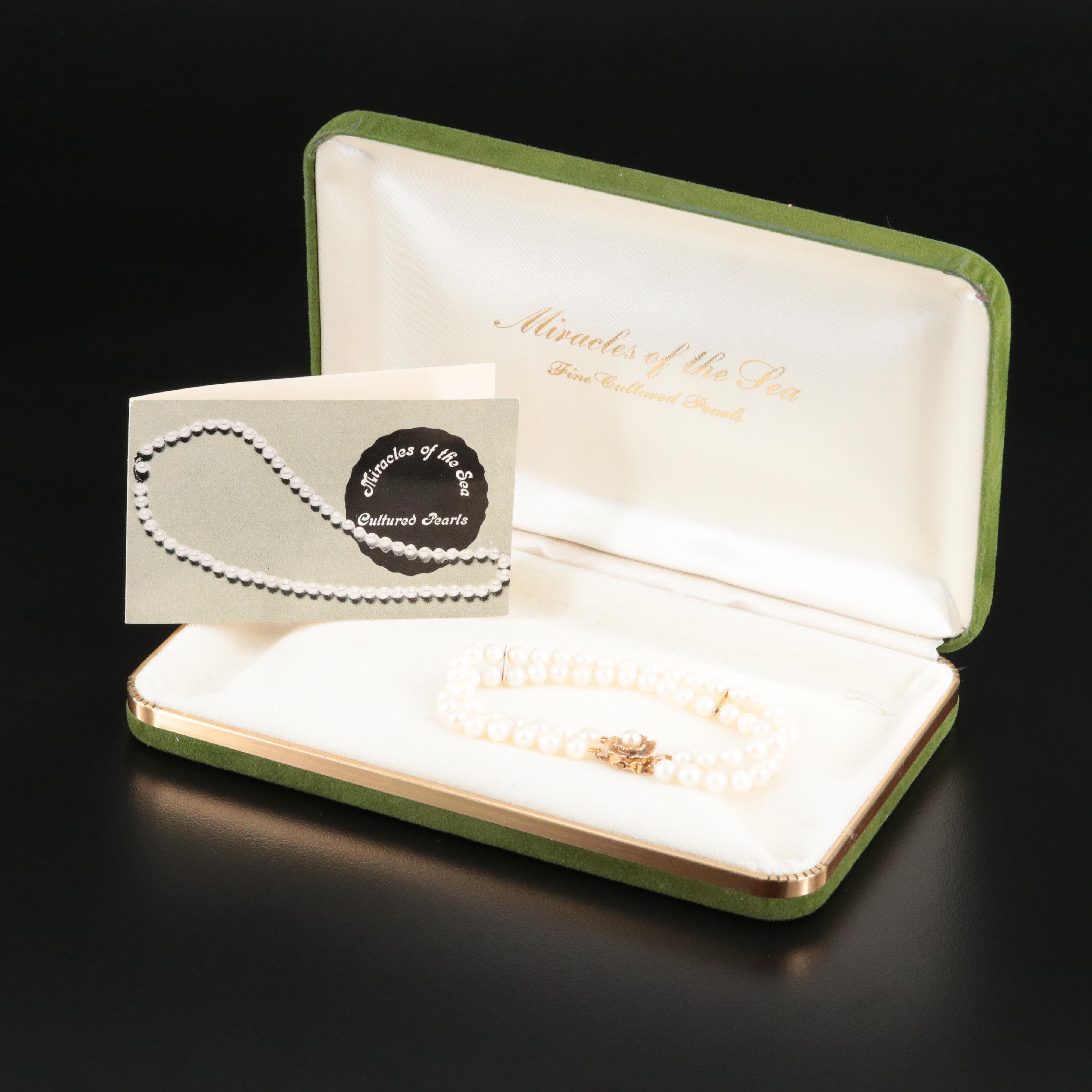 Pearl Double Strand Bracelet with 14K Spacer Bars and Flower Clasp