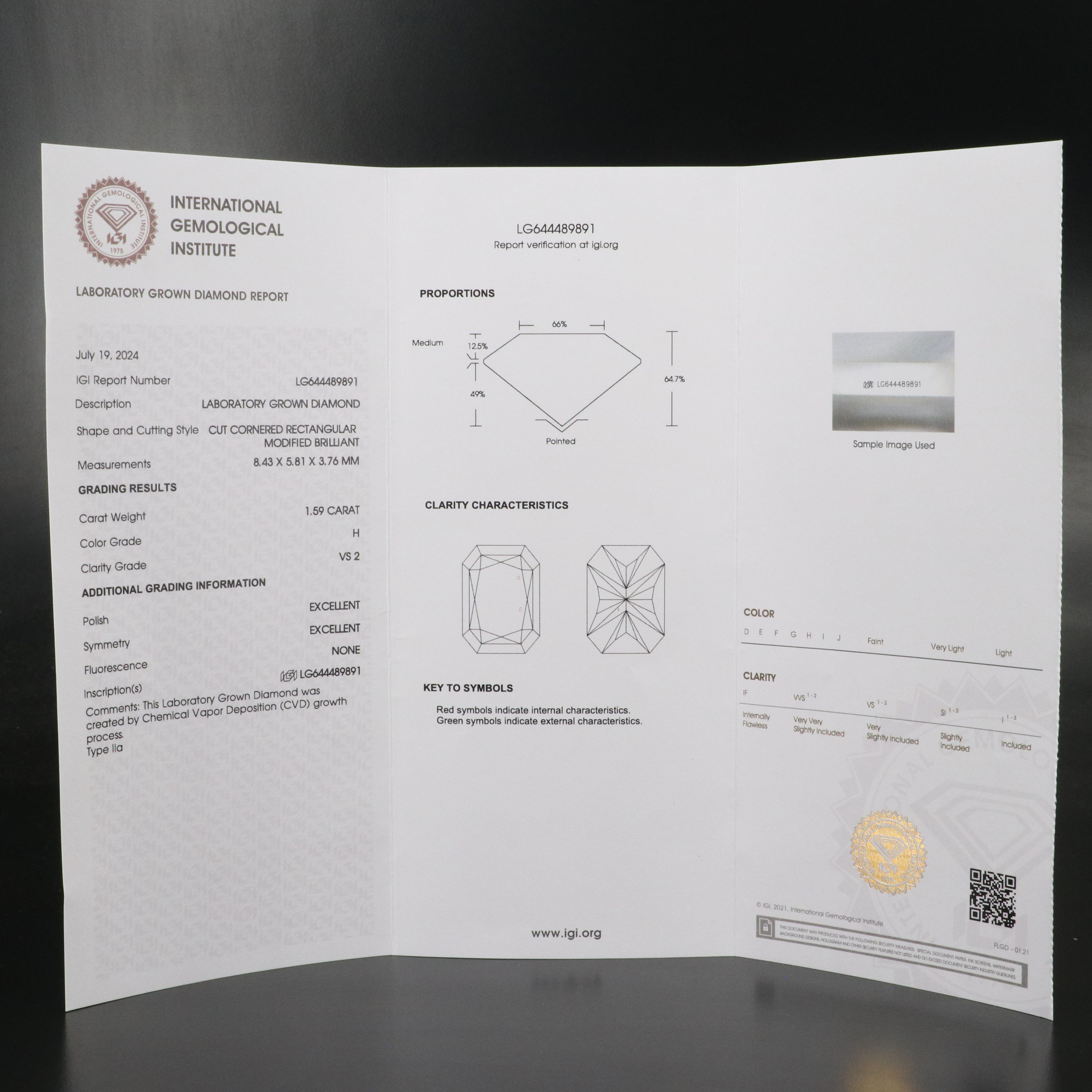 Loose 1.59 CT Lab Grown Diamond with IGI Report