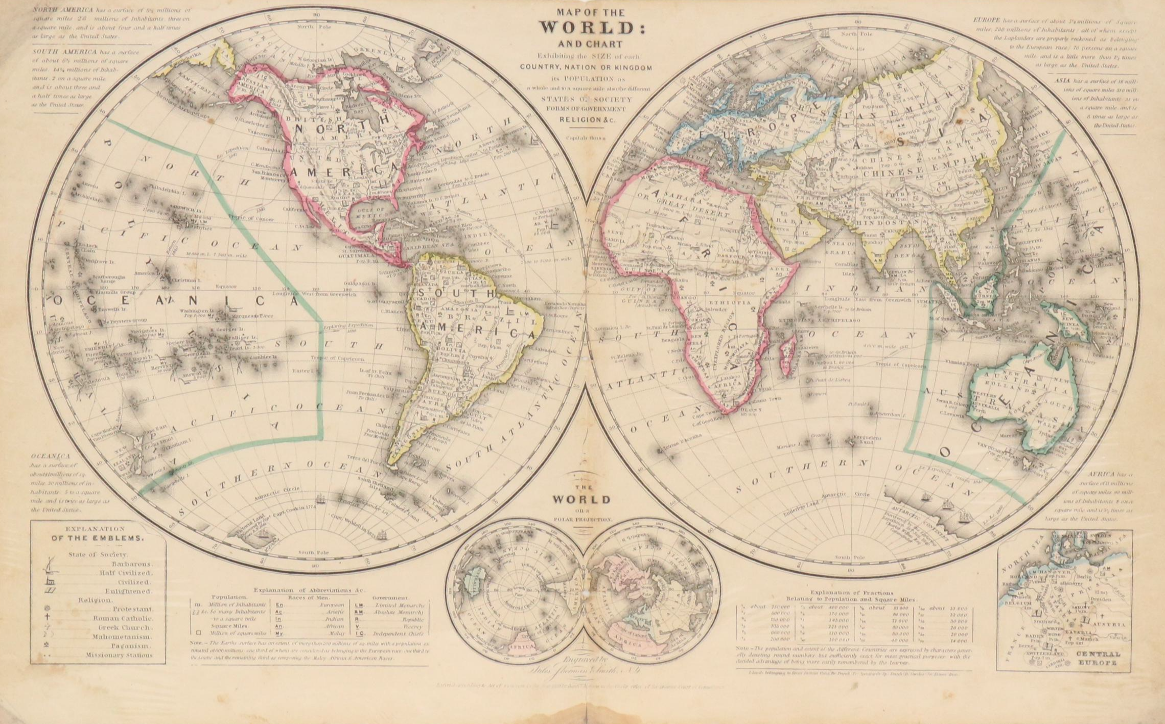 Stiles, Sherman & Smith Hand-Colored Engraved "Map of the World," circa 1839