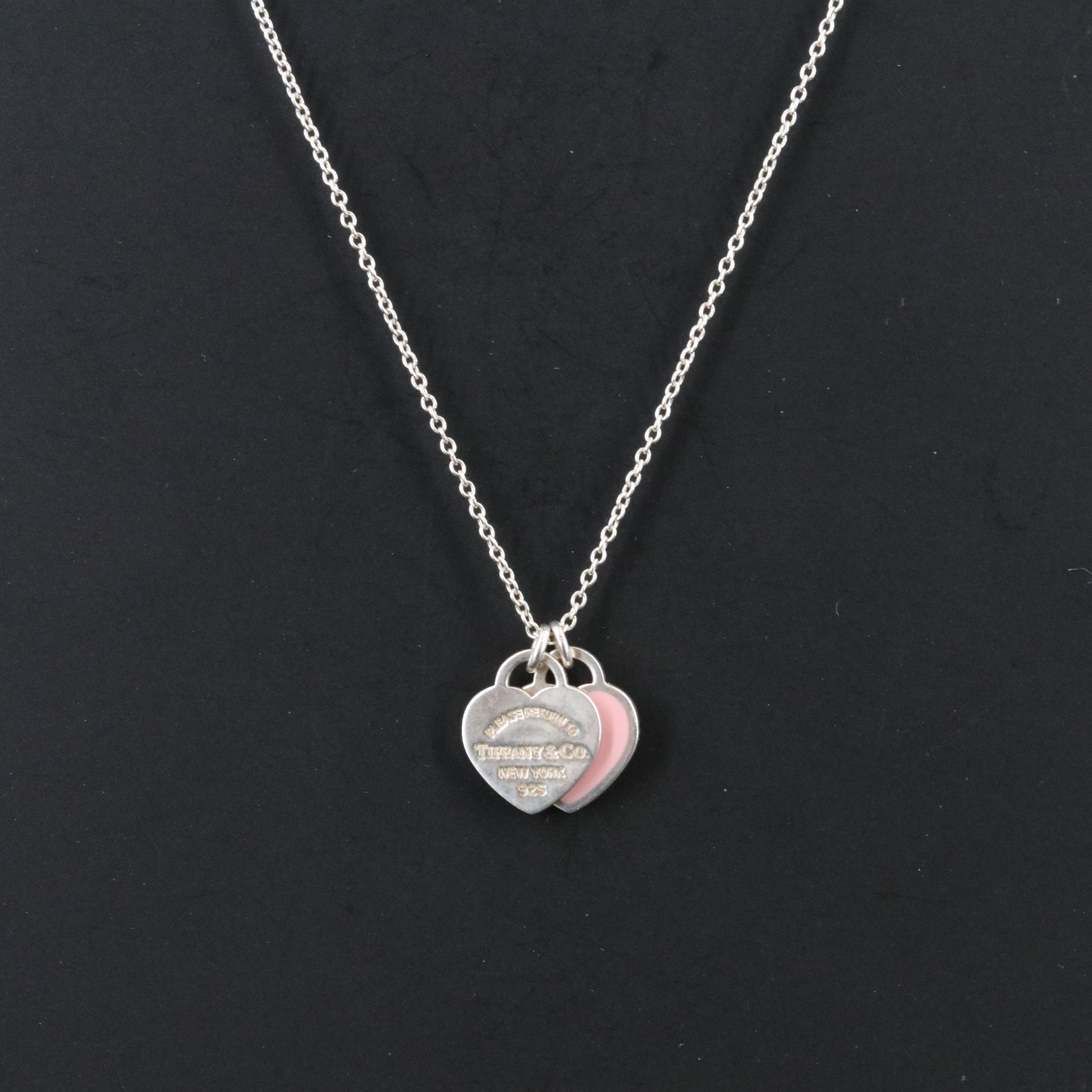 Tiffany & Co. Return to Tiffany Sterling and Pink Enamel Double Heart Necklace