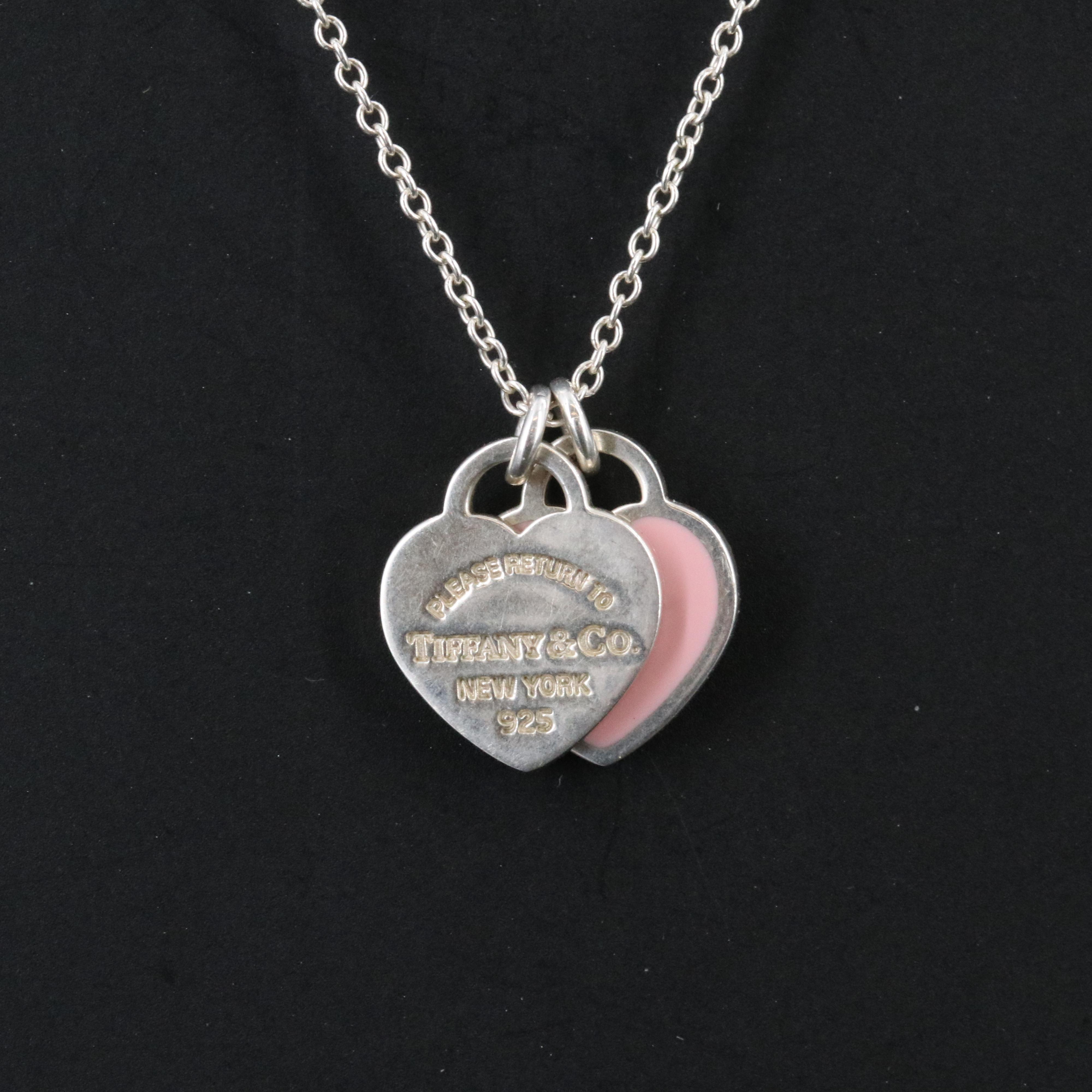 Tiffany & Co. Return to Tiffany Sterling and Pink Enamel Double Heart Necklace