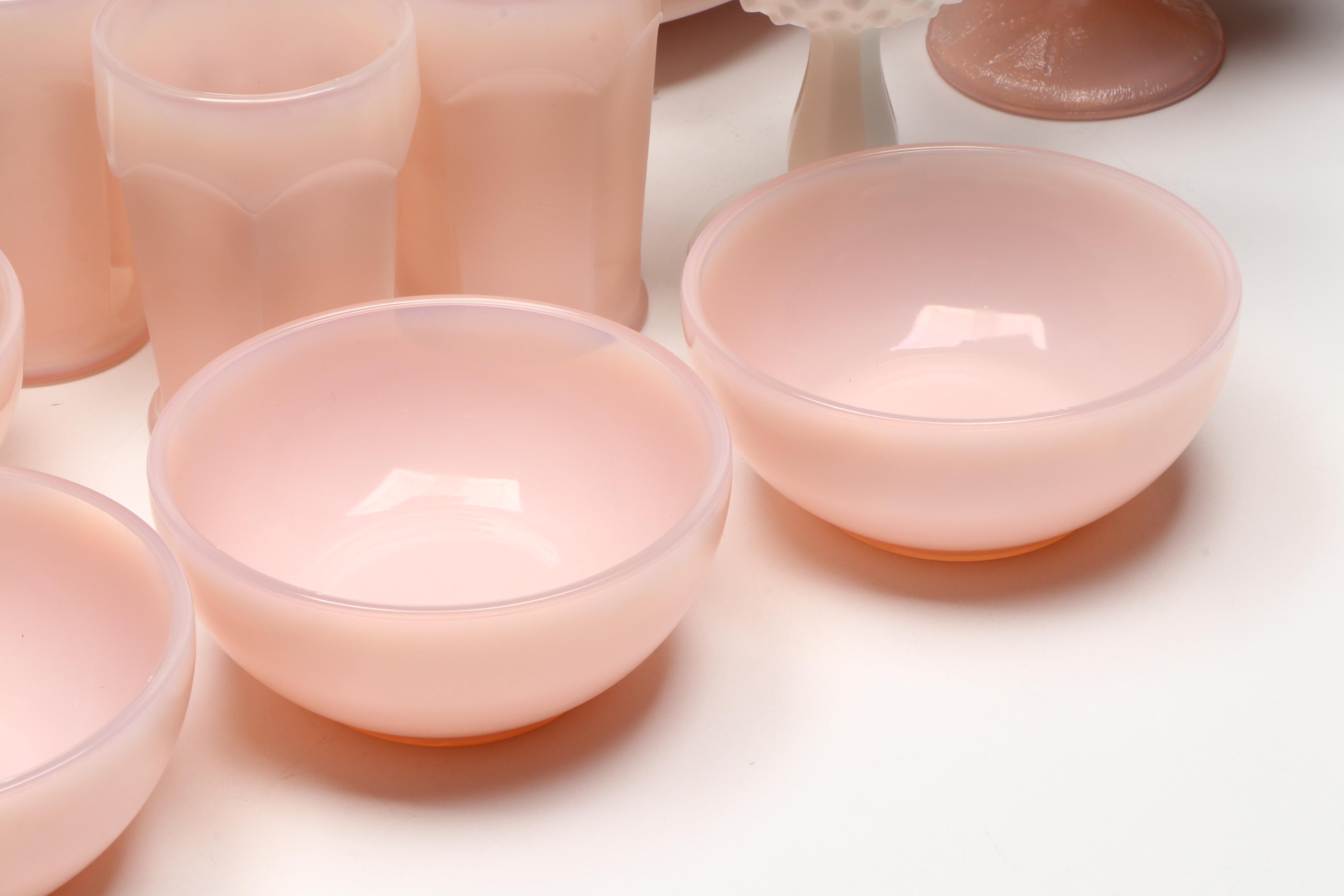 Martha by Mail Pink Milk Glass Dinnerware with Rooster Compote and Hobnail Glass