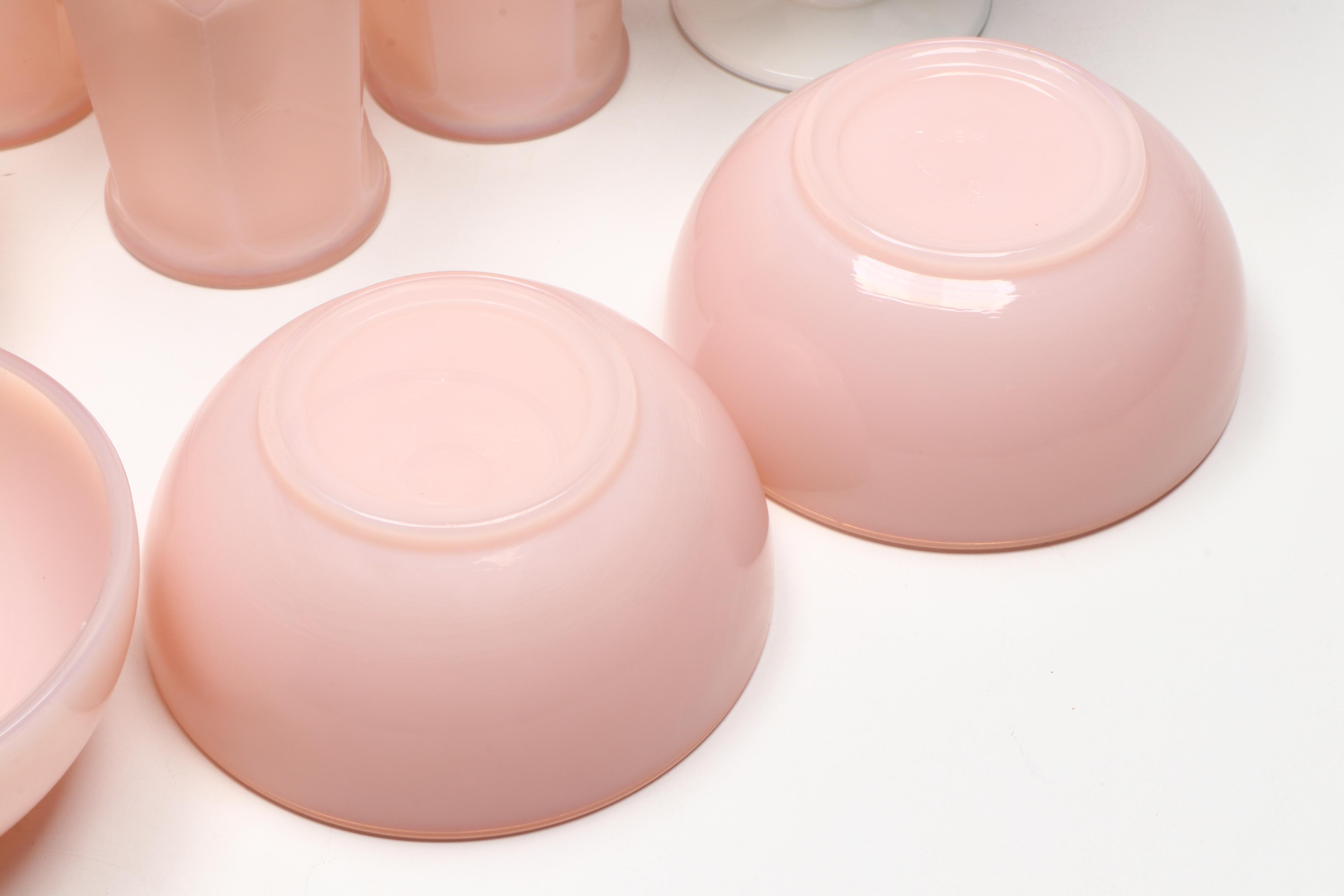 Martha by Mail Pink Milk Glass Dinnerware with Rooster Compote and Hobnail Glass