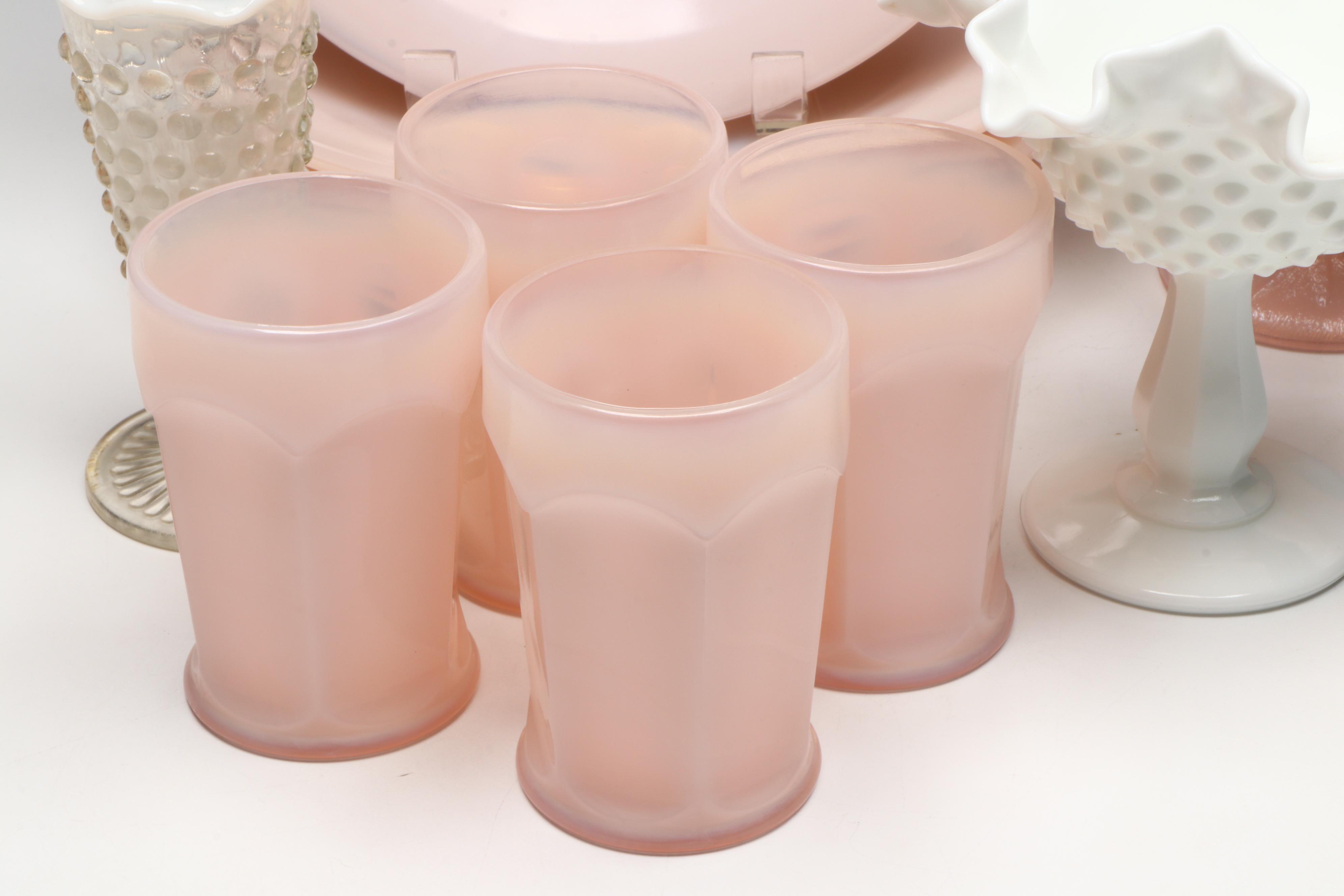 Martha by Mail Pink Milk Glass Dinnerware with Rooster Compote and Hobnail Glass