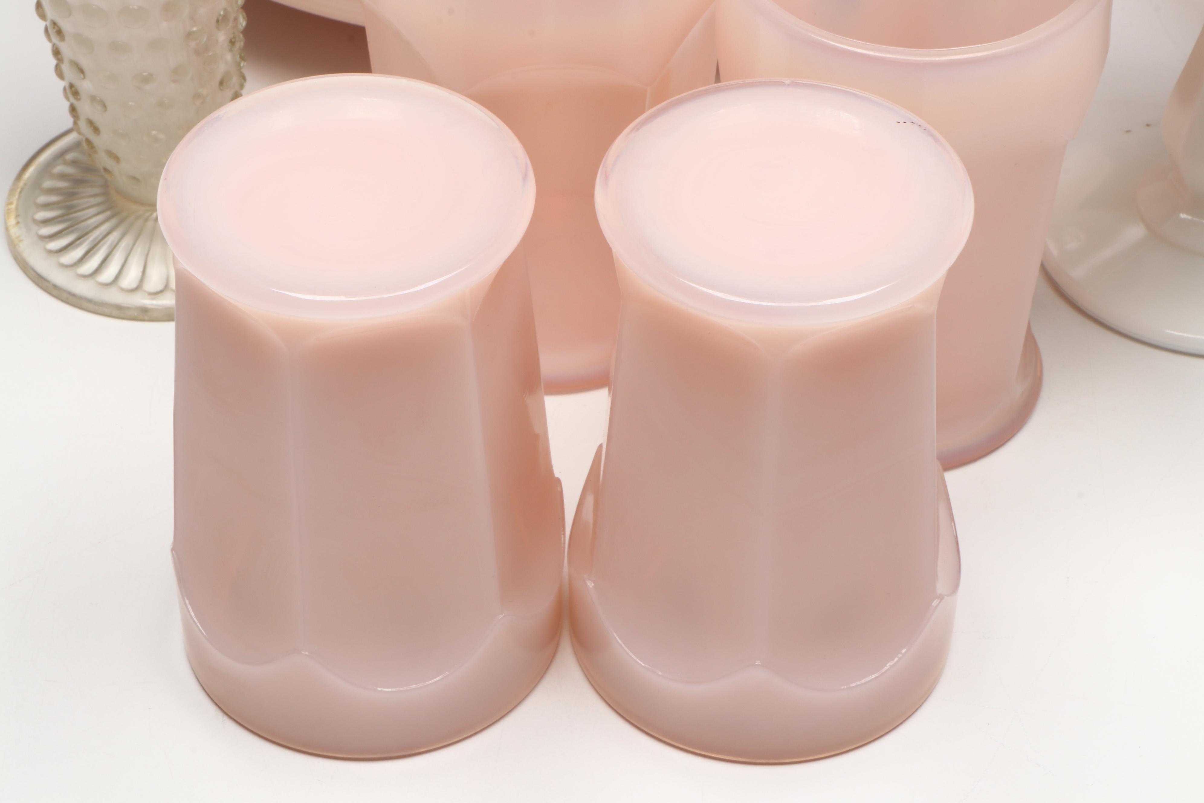 Martha by Mail Pink Milk Glass Dinnerware with Rooster Compote and Hobnail Glass