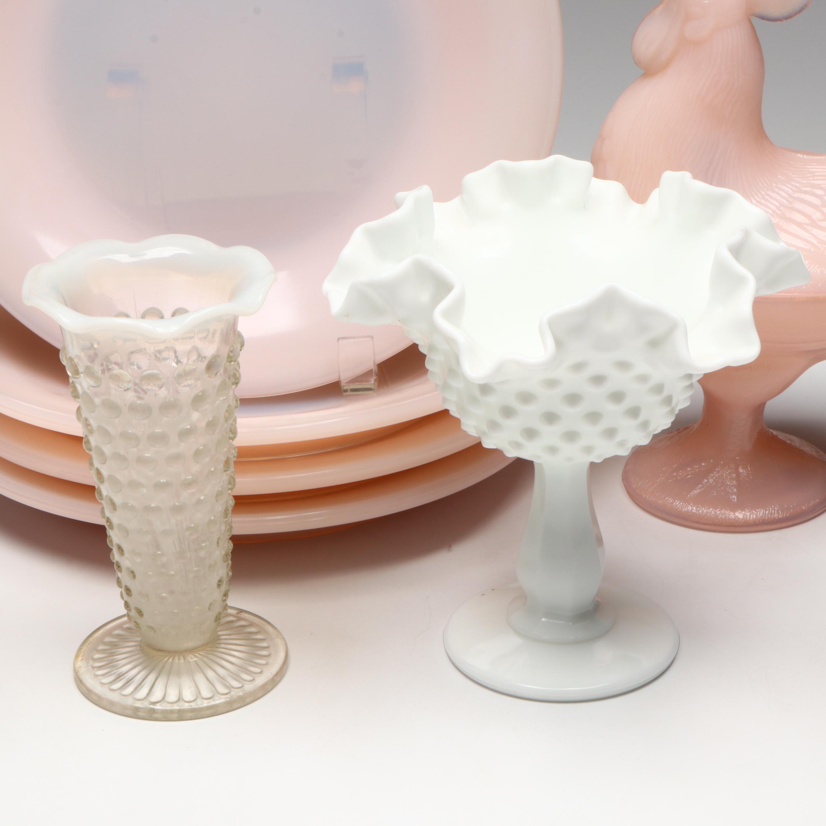 Martha by Mail Pink Milk Glass Dinnerware with Rooster Compote and Hobnail Glass